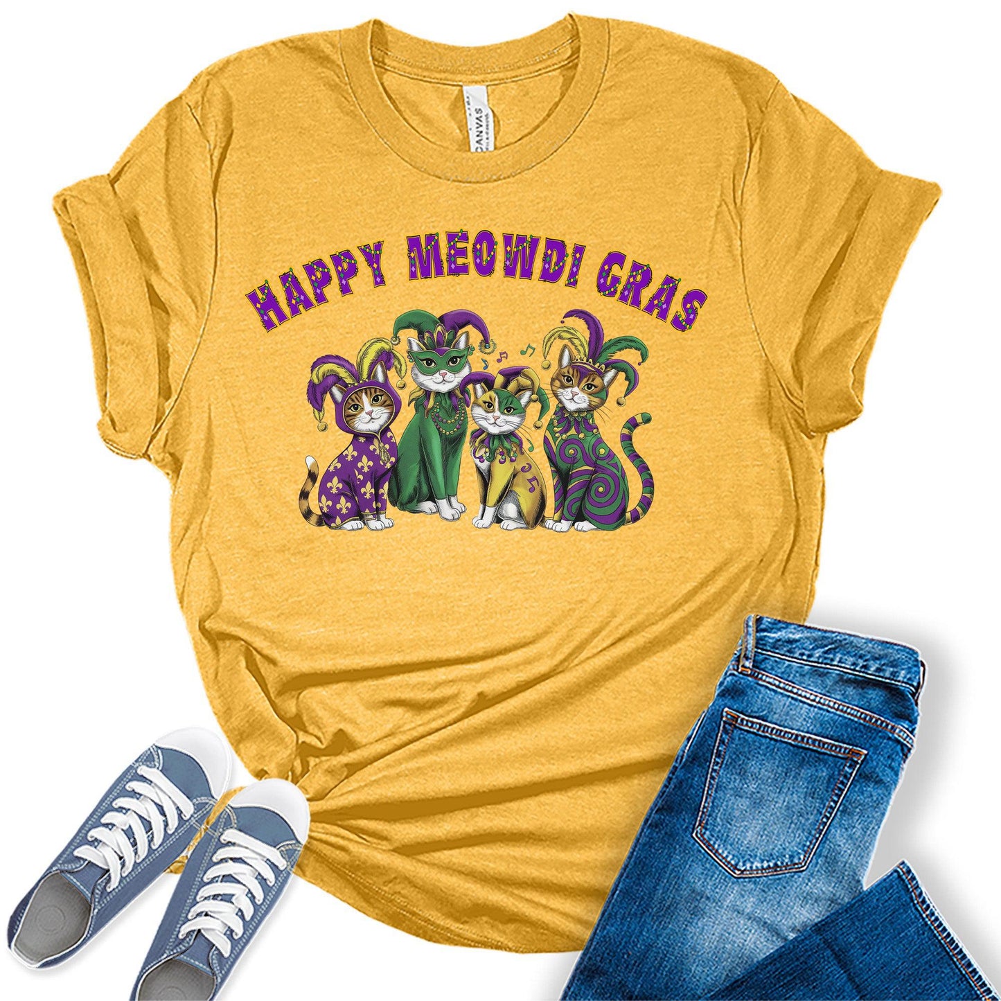 Women's Mardi Gras Shirt Happy Meowdi Gras Cute Cat Graphic Tees