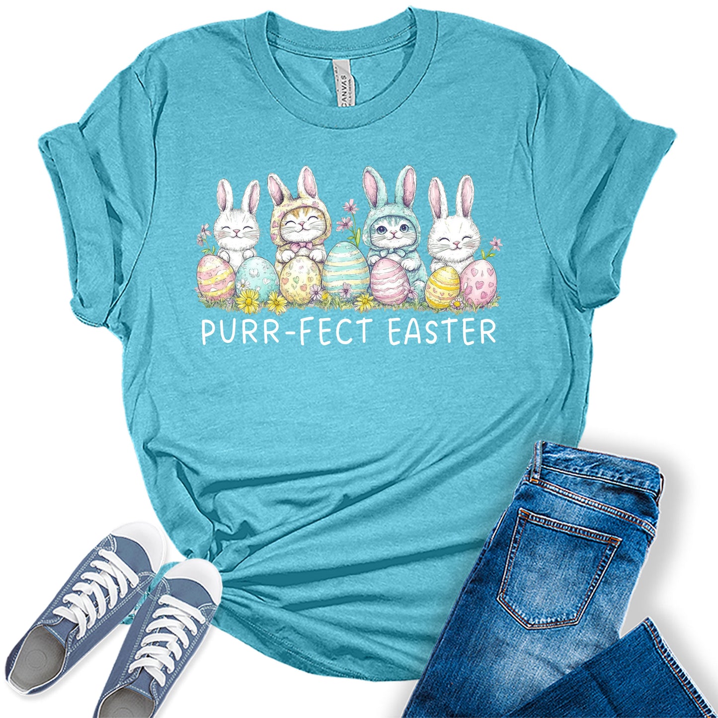 Purr-fect Easter Shirt for Women Cute Cat Bunny Spring Holiday Bella Plus Size Graphic Tee