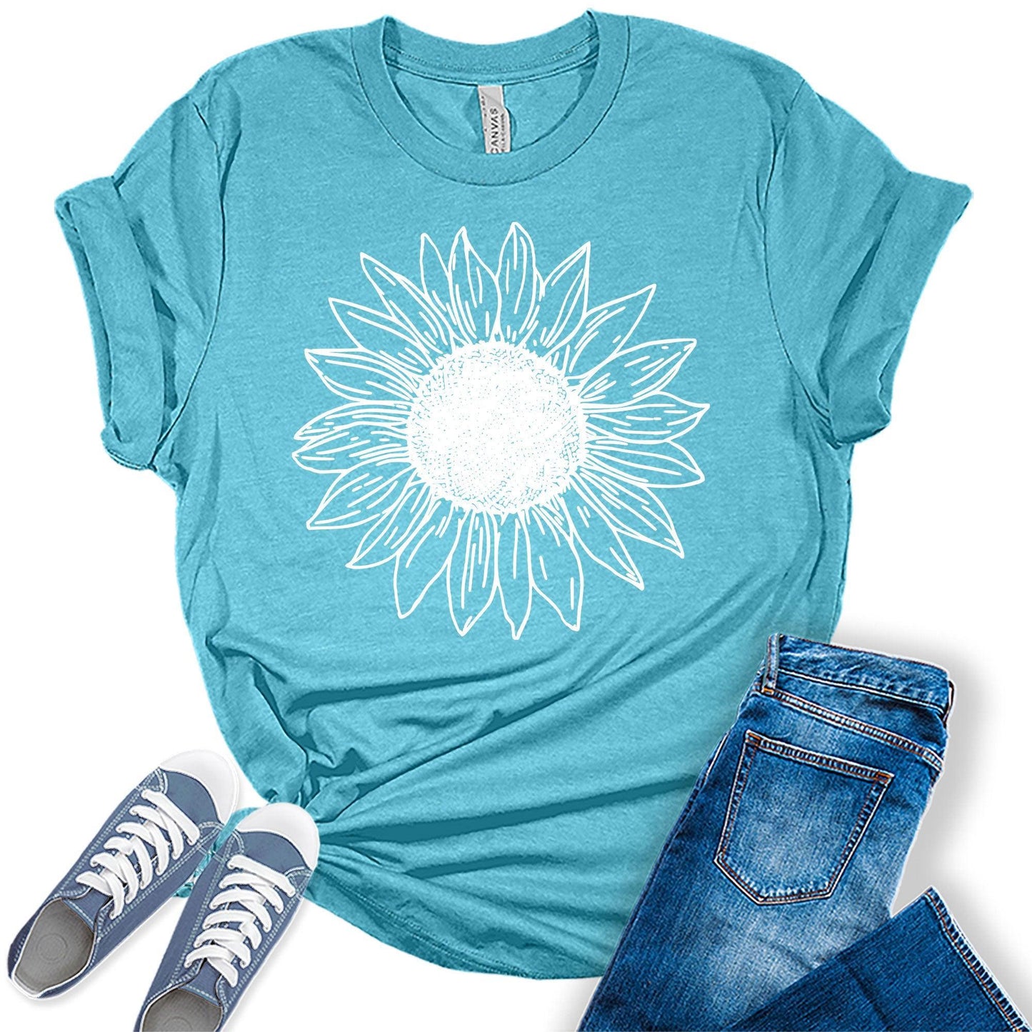 Women's Vintage Short Sleeve Cute Sunflower Graphic Printed Tee Summer T Shirt Cotton Tops Novelty Shirts