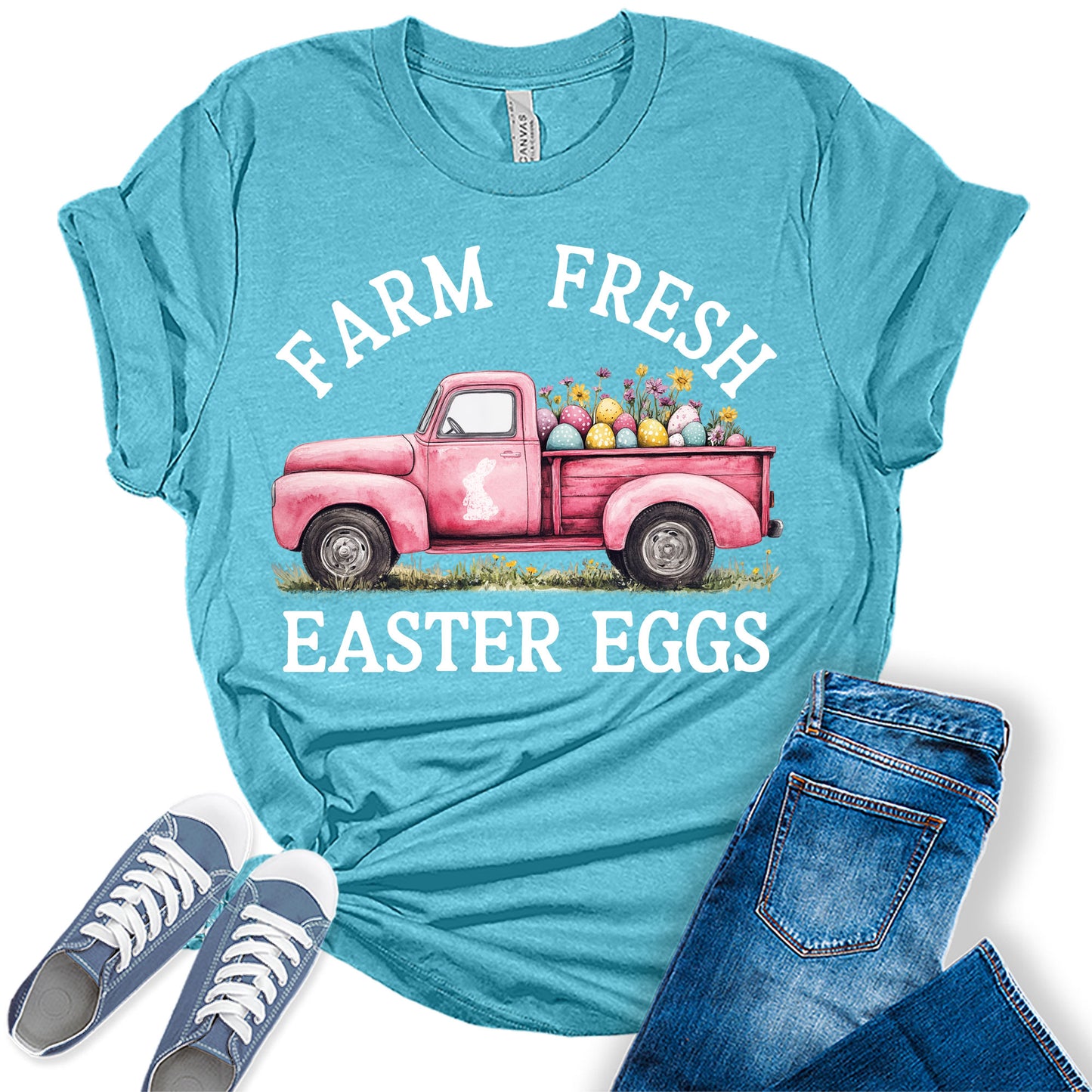 Women's Easter Shirts Farm Fresh Easter Eggs Truck Trendy Casual Graphic Tees Bella Plus Sized Tops