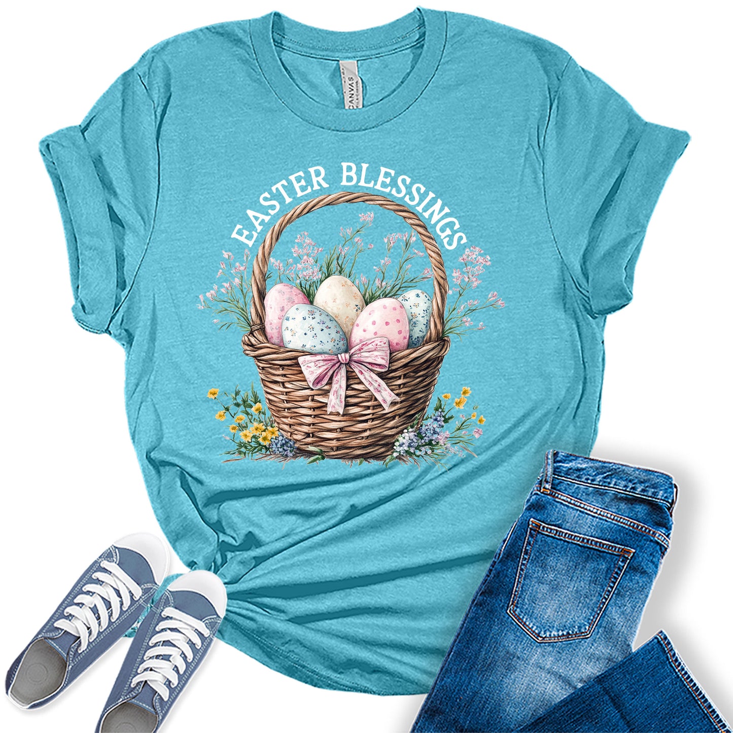 Easter Blessings Shirt for Women Pastel Egg Basket Spring Bella Plus Size Holiday Graphic Tee