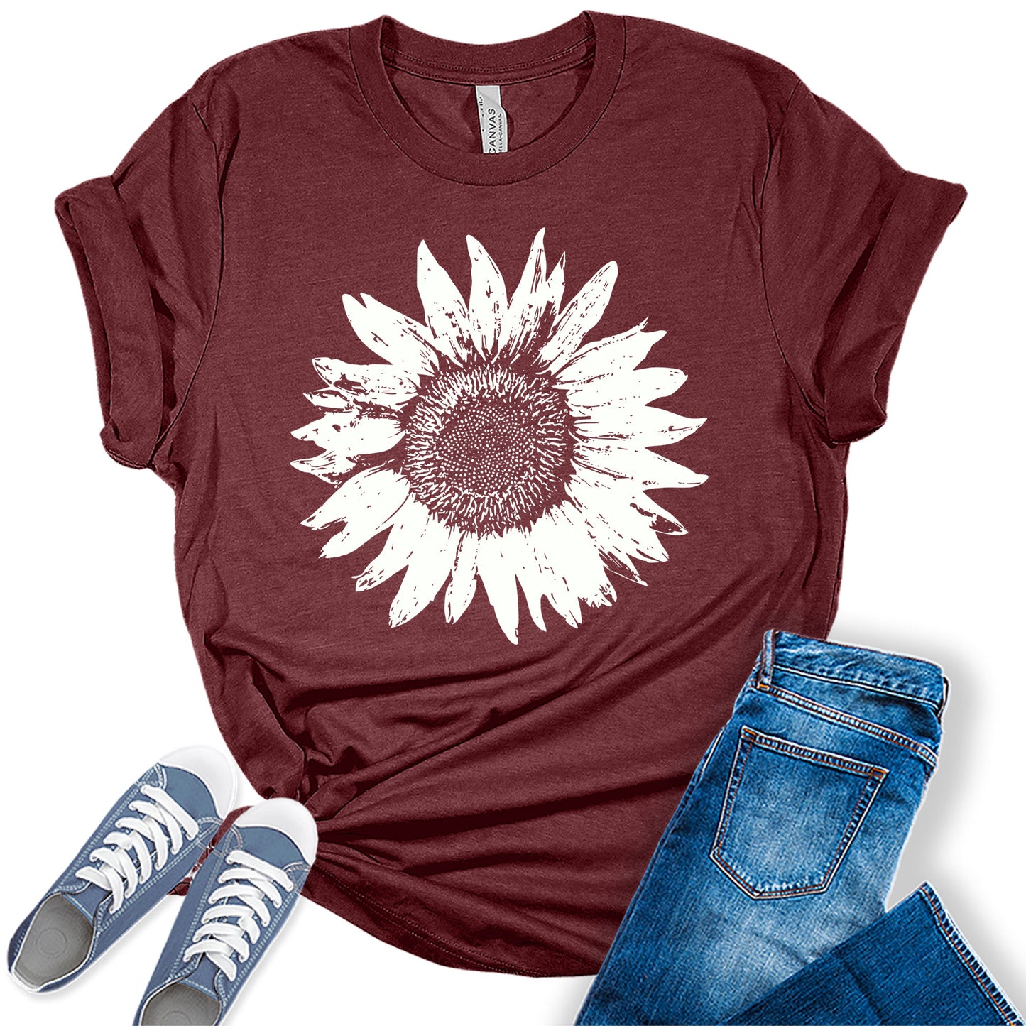 Women's Summer Short Sleeve Cute Sunflower Graphic Printed Tee Vintage T Shirt Cotton Tops Novelty Shirts