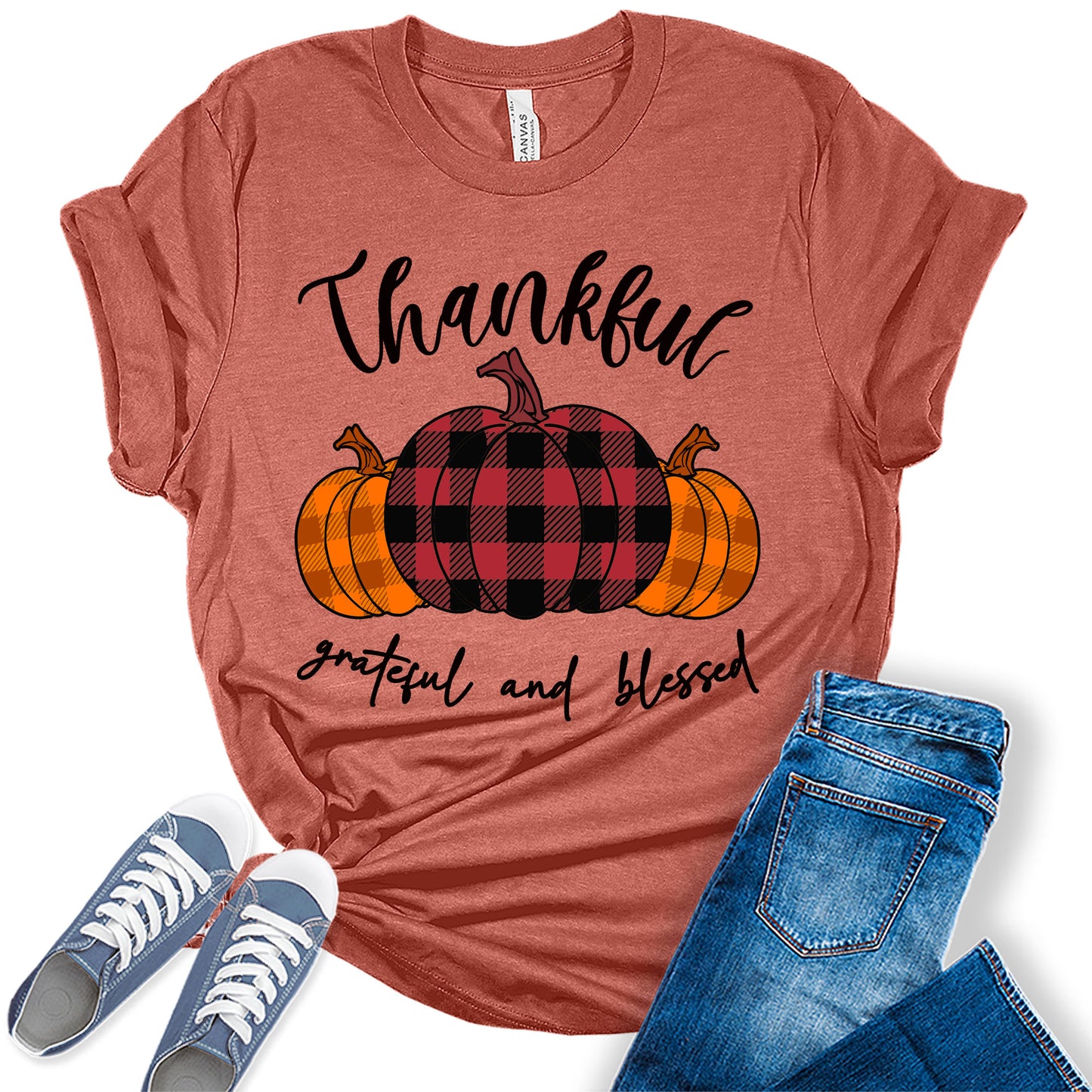 Thanksgiving Shirts for Women Graphic Tees Thankful Grateful Blessed Pumpkin T Shirt