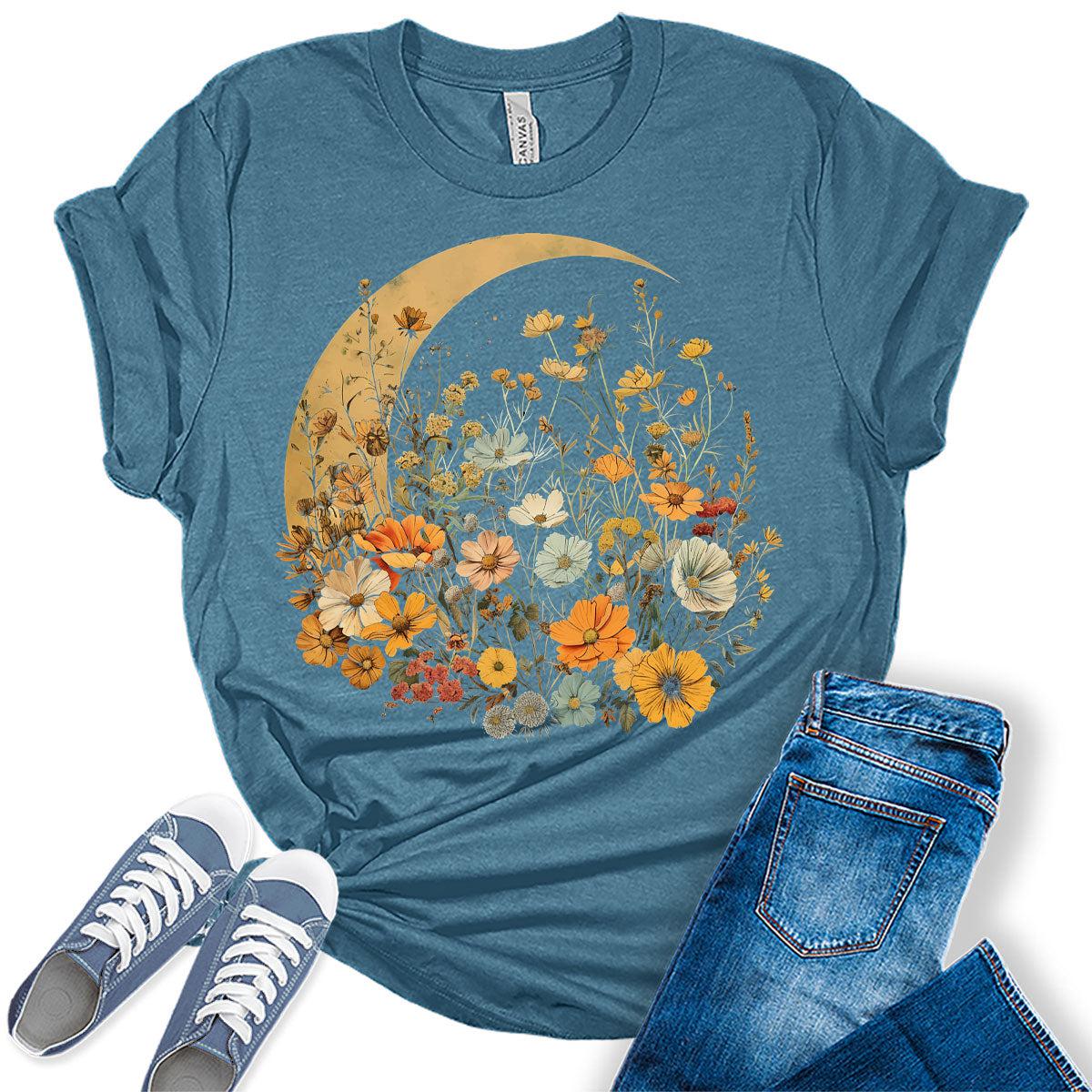 Crescent Moon Shirt Cottagecore Forest Flower Graphic Tees for Women