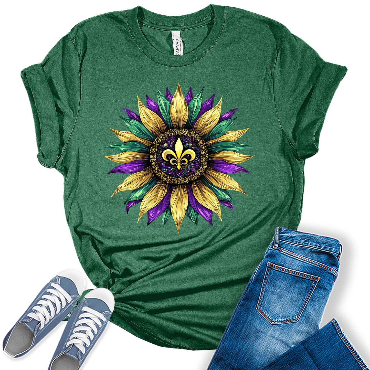 Women's Mardi Gras Shirt Cute Fleur De Lis Sunflower Graphic Tees