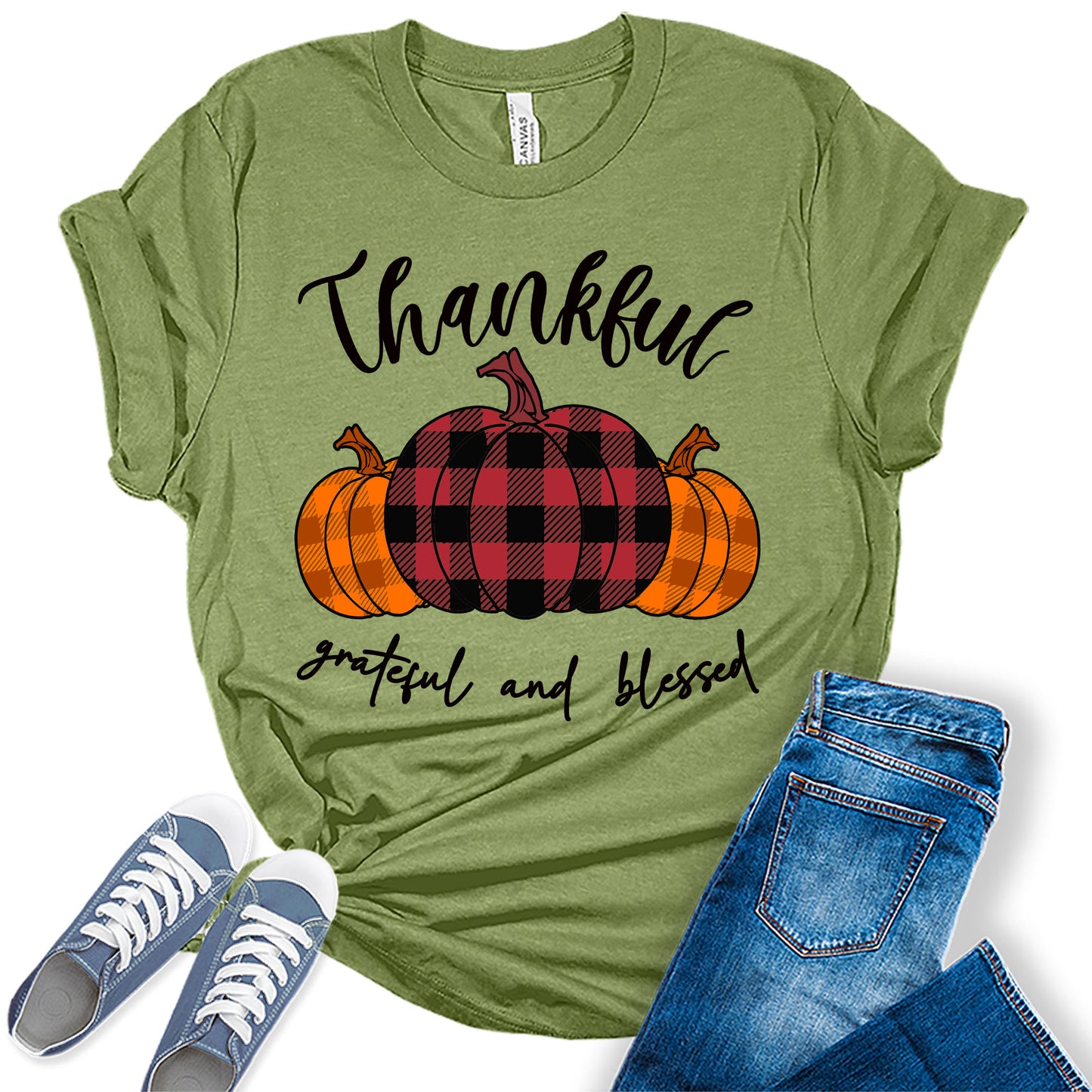 Thanksgiving Shirts for Women Graphic Tees Thankful Grateful Blessed Pumpkin T Shirt