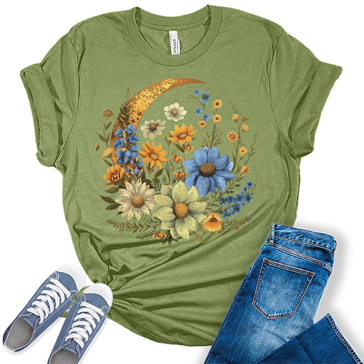 Crescent Moon Flowers Shirt Cottagecore Aesthetic Floral Graphic Tees for Women