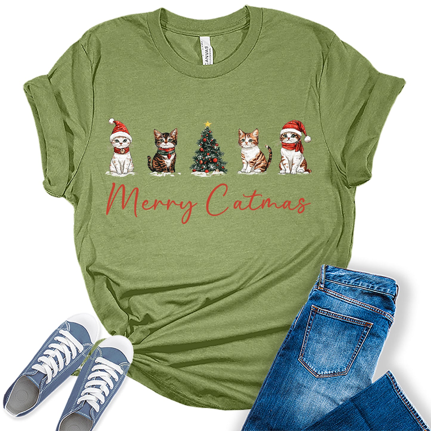 Women's Cute Santa Kittens Merry Catmas Christmas Graphic Tees