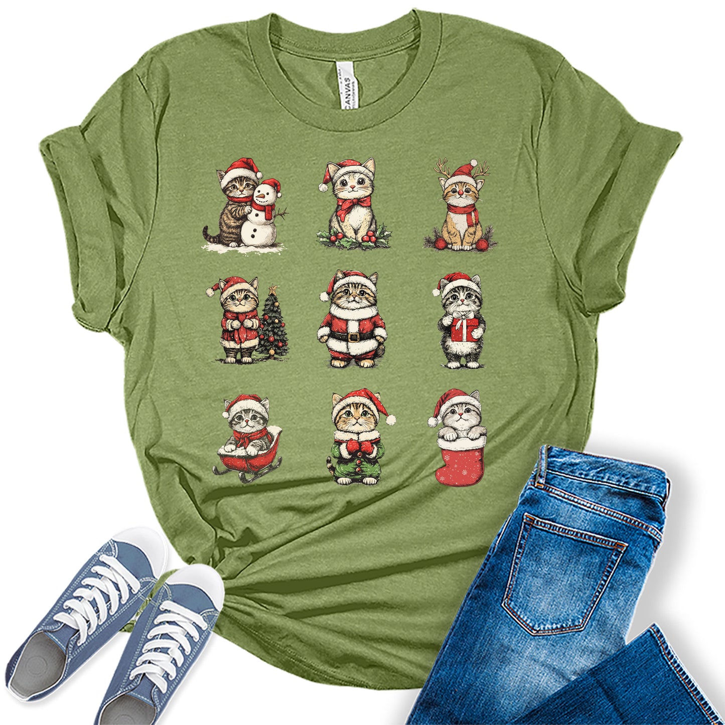 Women's Christmas Shirt Cute Funny Cat Shirt Short Sleeve Festive Holiday Graphic Tees
