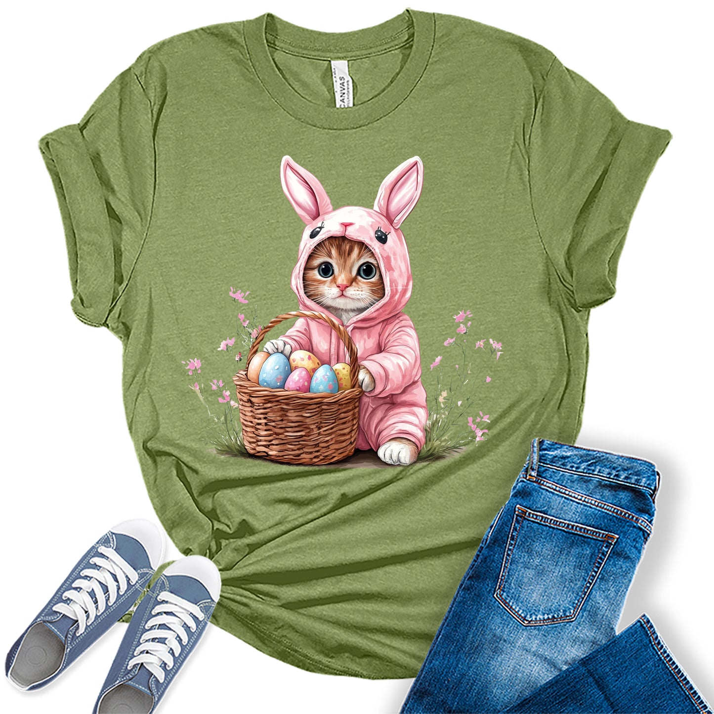 Easter Cat Shirt Cute Kitten in Bunny Costume with Egg Basket Spring Holiday Tee