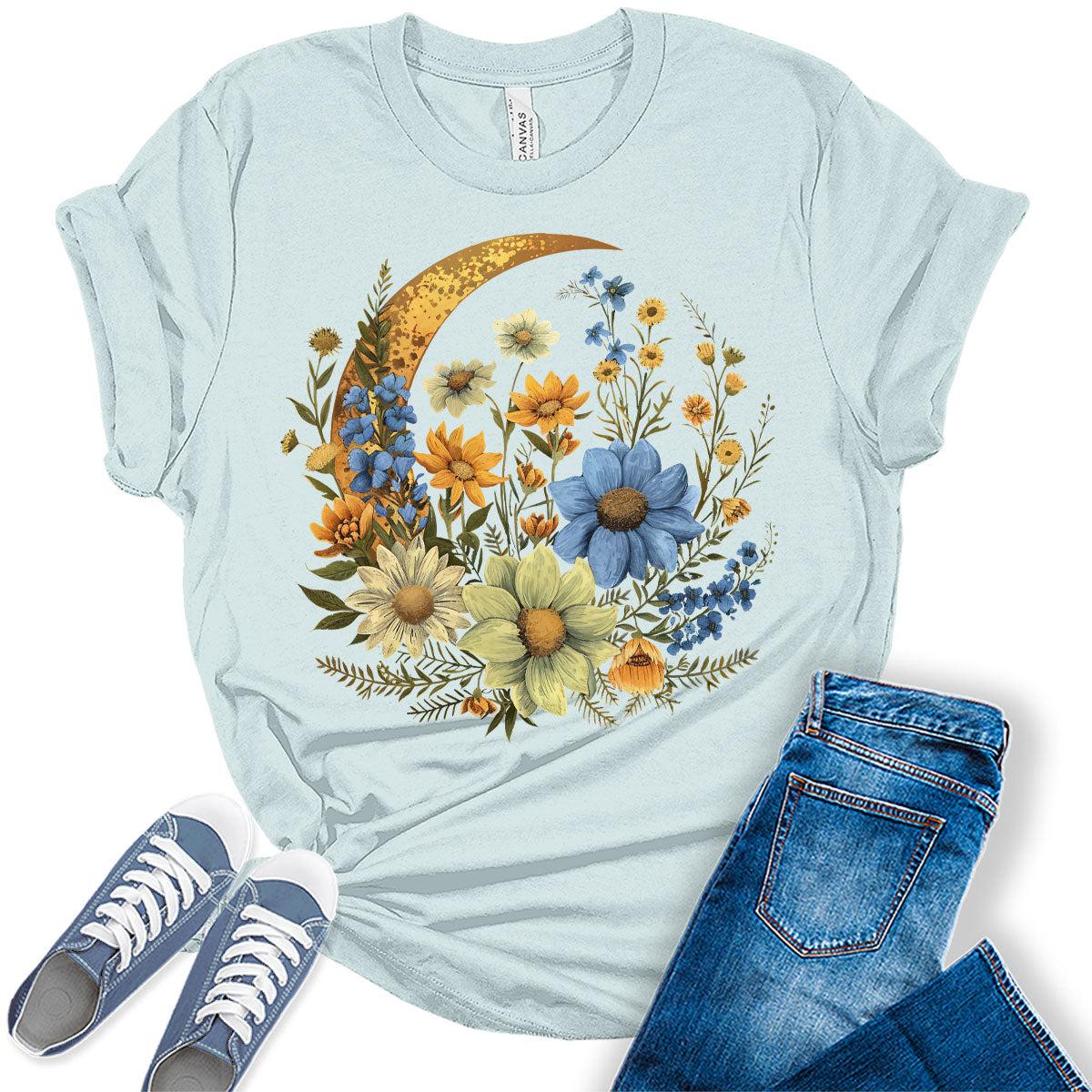 Crescent Moon Flowers Shirt Cottagecore Aesthetic Floral Graphic Tees for Women