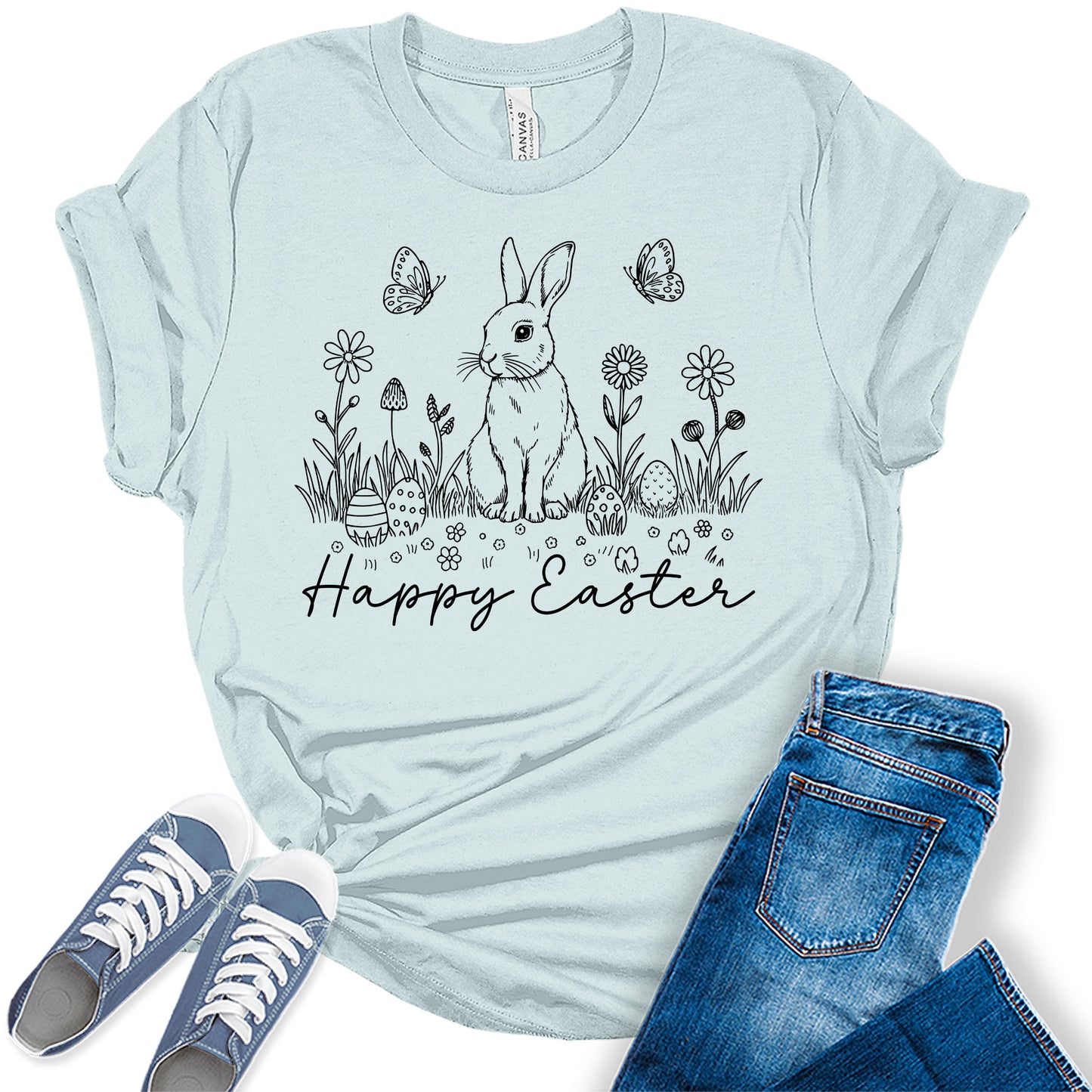 Women's Happy Easter Shirt Cute Trendy Casual Graphic Tees Bella Plus Sized Tops
