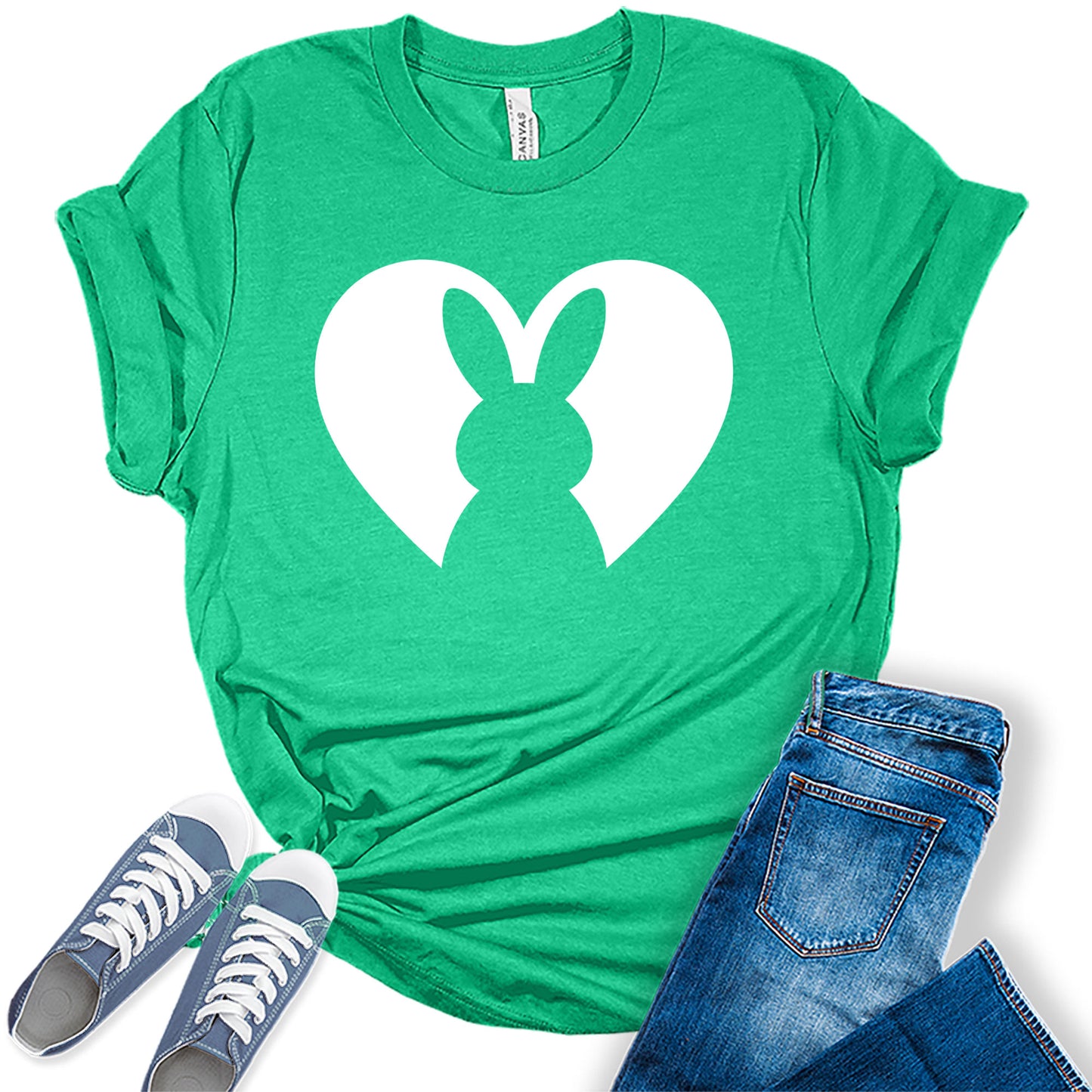 Women's Cute Easter Bunny Heart Shirt Trendy Casual Graphic Tees Bella Plus Sized Tops