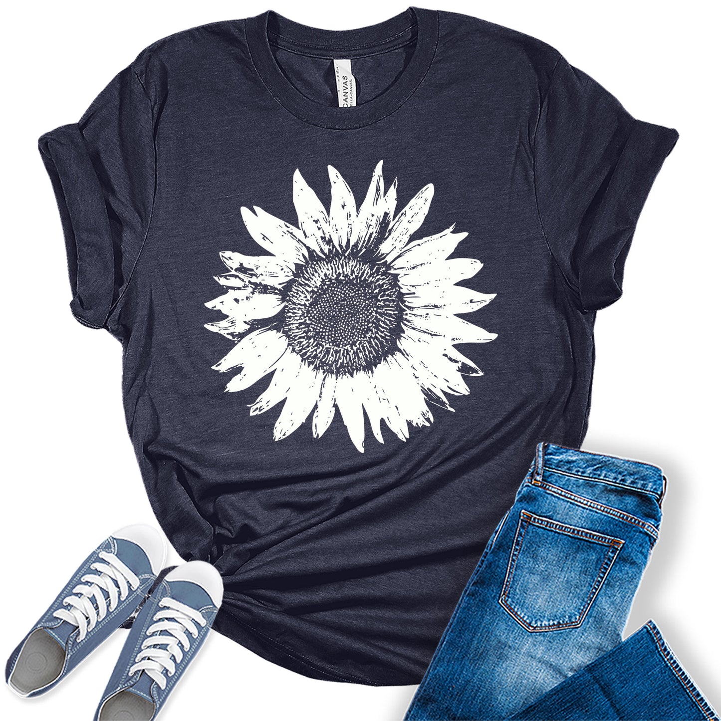 Women's Summer Short Sleeve Cute Sunflower Graphic Printed Tee Vintage T Shirt Cotton Tops Novelty Shirts
