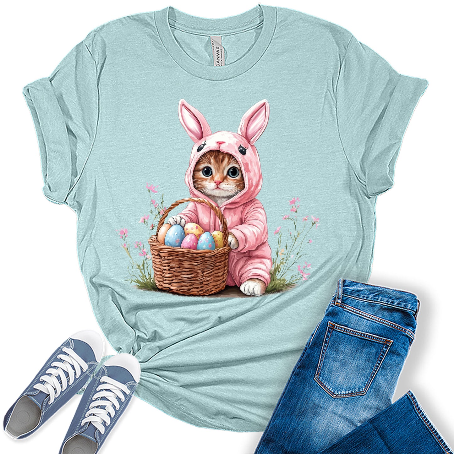 Easter Cat Shirt Cute Kitten in Bunny Costume with Egg Basket Spring Holiday Tee