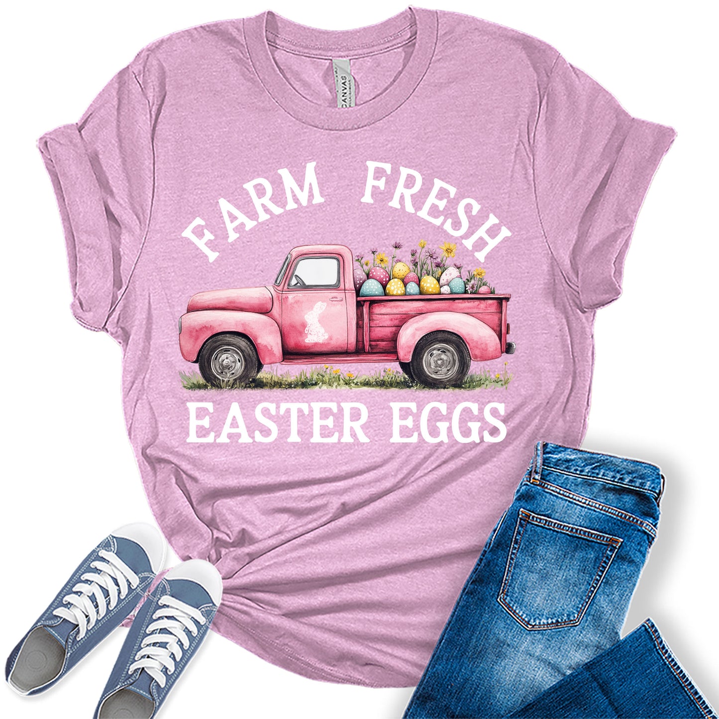 Women's Easter Shirts Farm Fresh Easter Eggs Truck Trendy Casual Graphic Tees Bella Plus Sized Tops