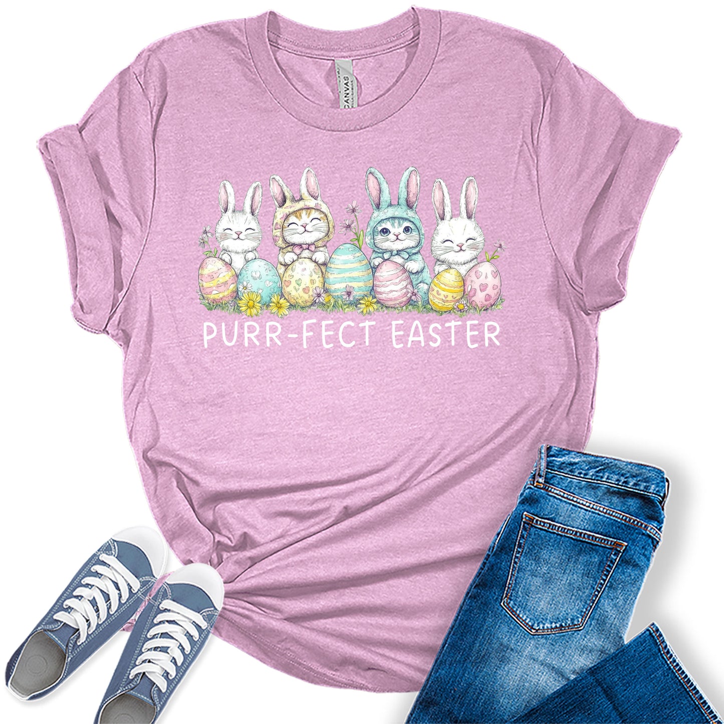 Purr-fect Easter Shirt for Women Cute Cat Bunny Spring Holiday Bella Plus Size Graphic Tee