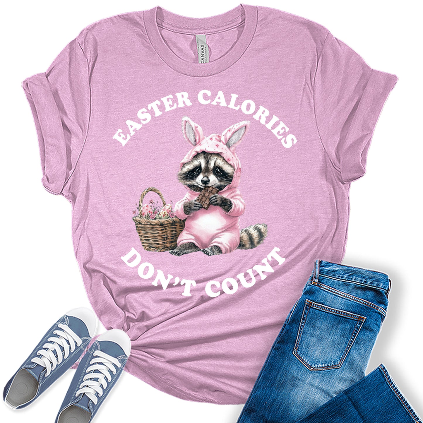 Funny Easter Shirts for Women Trendy Raccoon Bunny Easter Calories Don't Count Bella Plus Sized Tops