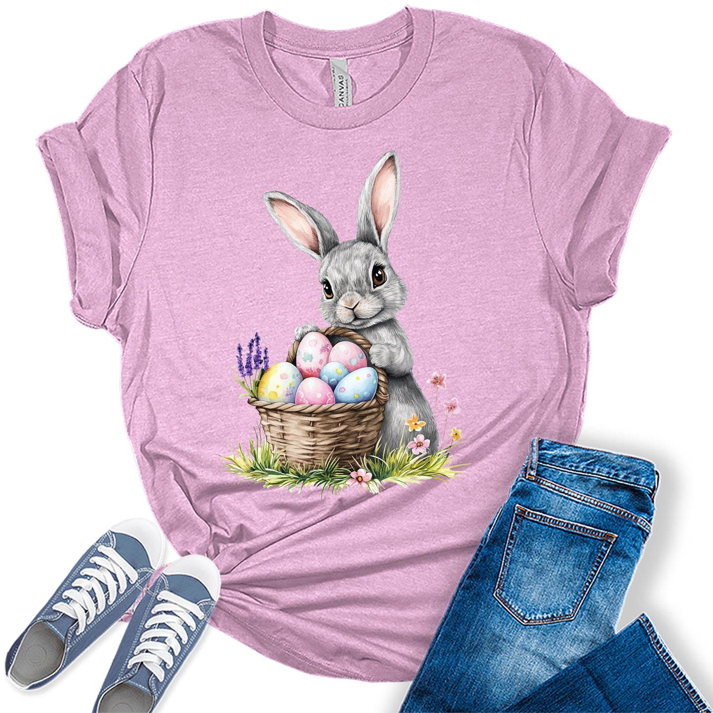 Easter Bunny Shirt Cute Pastel Egg T-Shirt Spring Floral Holiday Bella Plus Size Tops