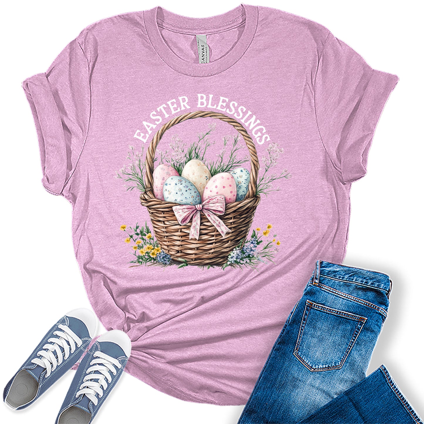 Easter Blessings Shirt for Women Pastel Egg Basket Spring Bella Plus Size Holiday Graphic Tee