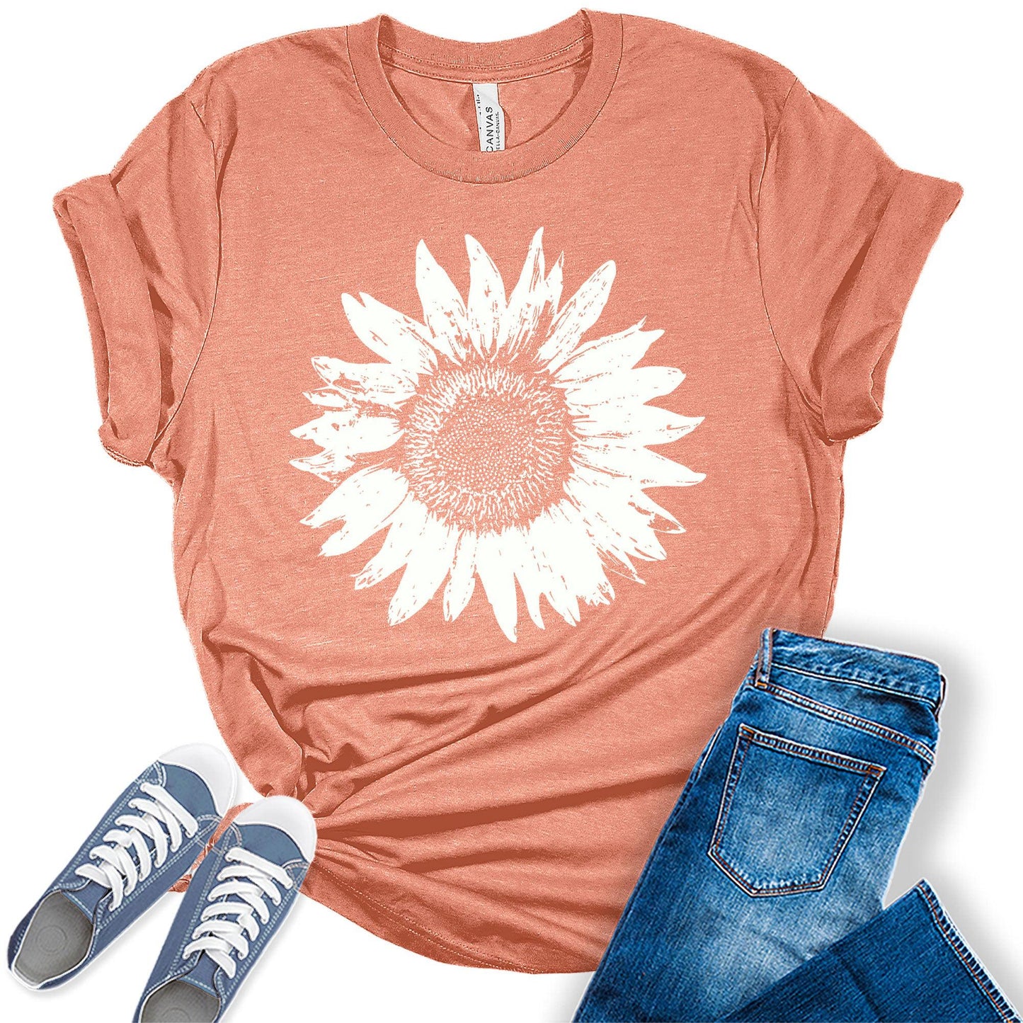 Women's Summer Short Sleeve Cute Sunflower Graphic Printed Tee Vintage T Shirt Cotton Tops Novelty Shirts