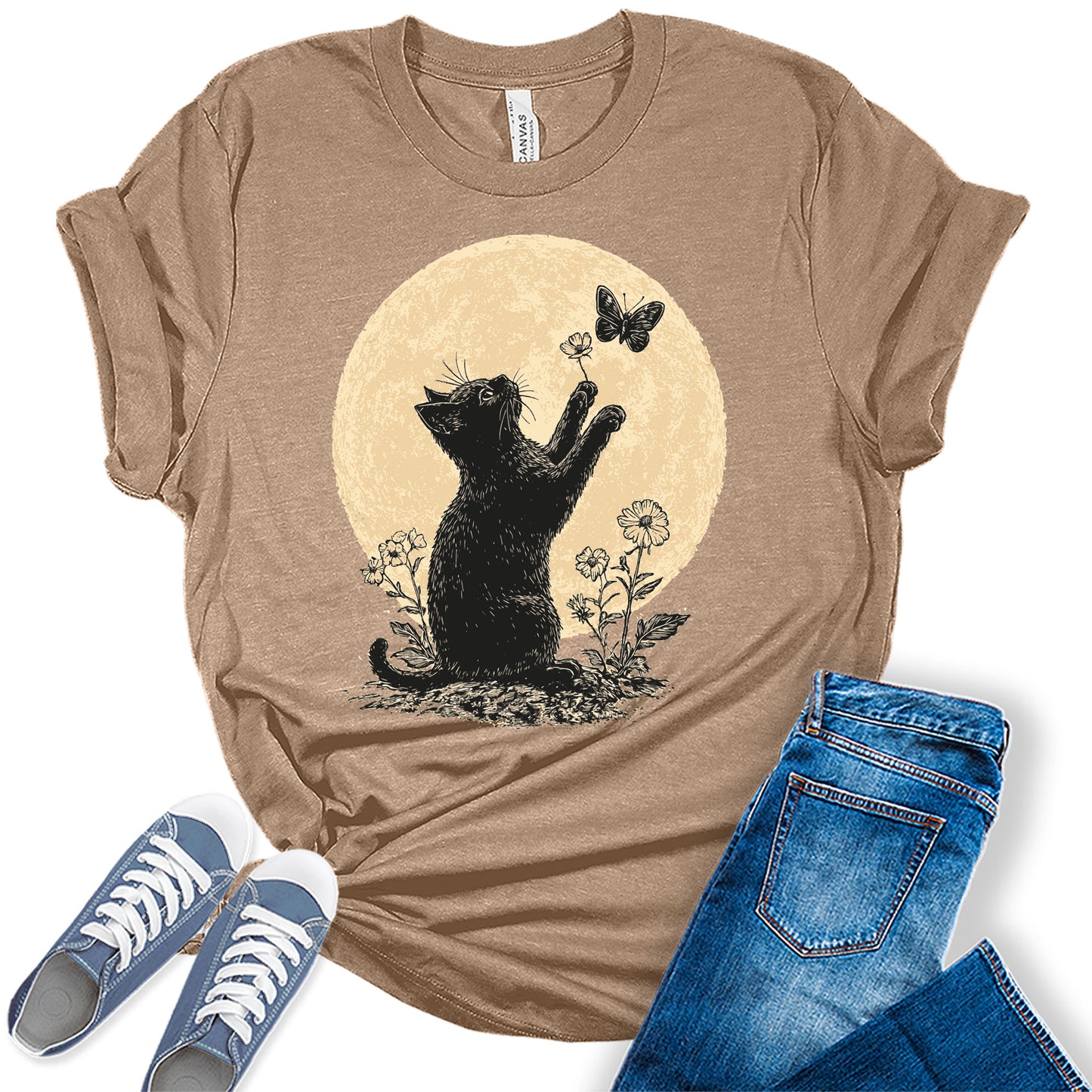 Women's Fall Shirt Black Cat Moon T Shirt Floral Butterfly Graphic Tees