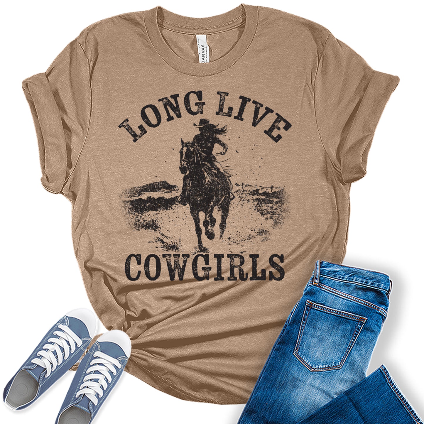 Women's Long Live Cowgirls Casual Graphic Tees Bella Plus Sized Tops
