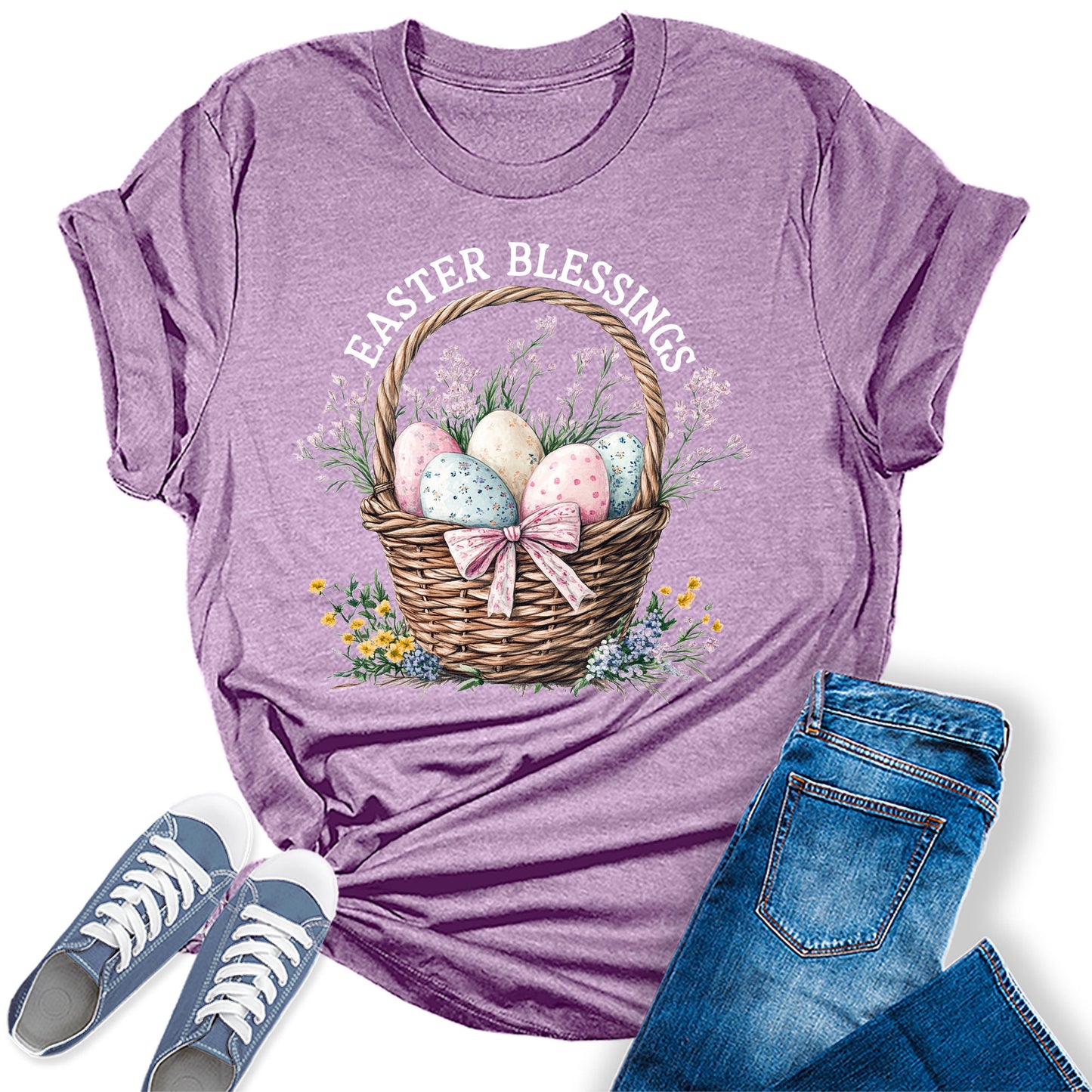 Easter Blessings Shirt for Women Pastel Egg Basket Spring Bella Plus Size Holiday Graphic Tee