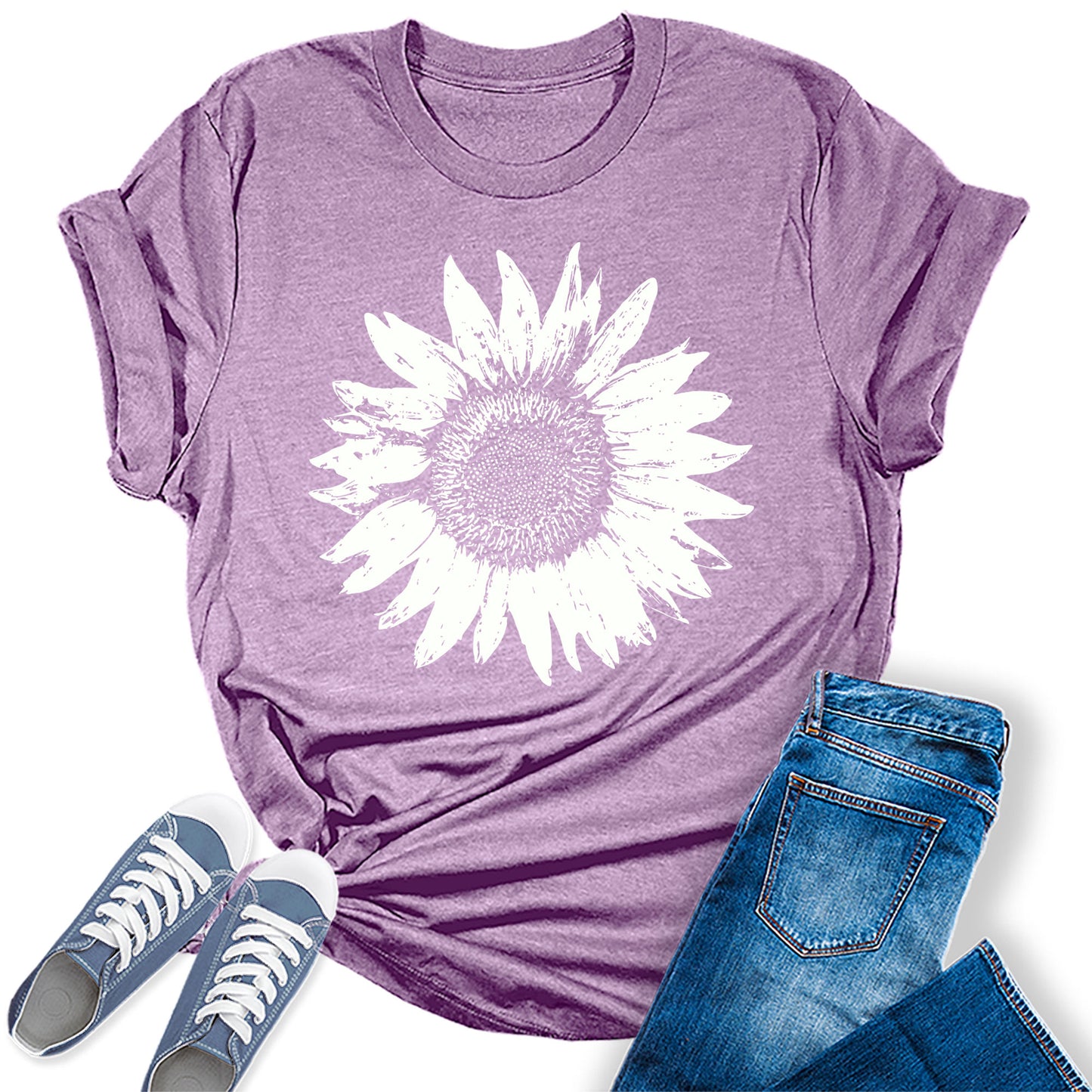 Women's Summer Short Sleeve Cute Sunflower Graphic Printed Tee Vintage T Shirt Cotton Tops Novelty Shirts