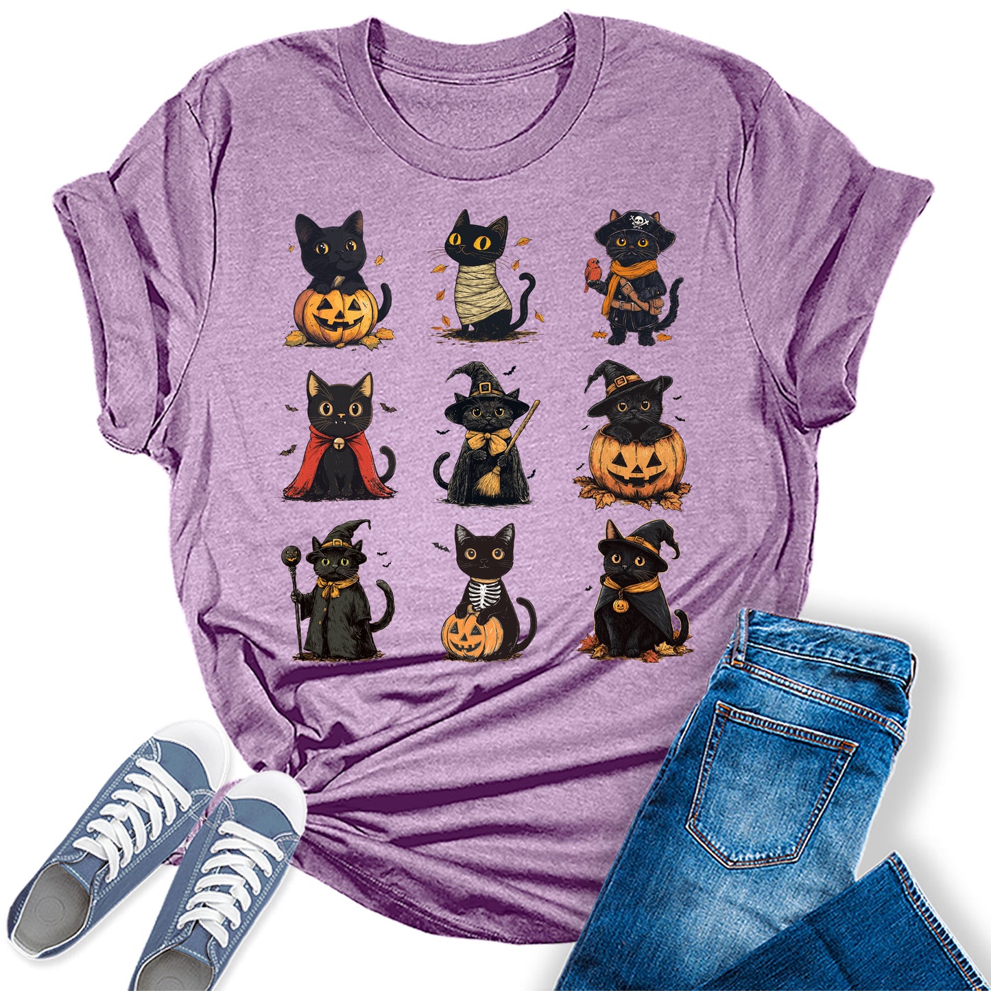 Women's Halloween Black Cat Shirt Funny Costume Graphic Tee