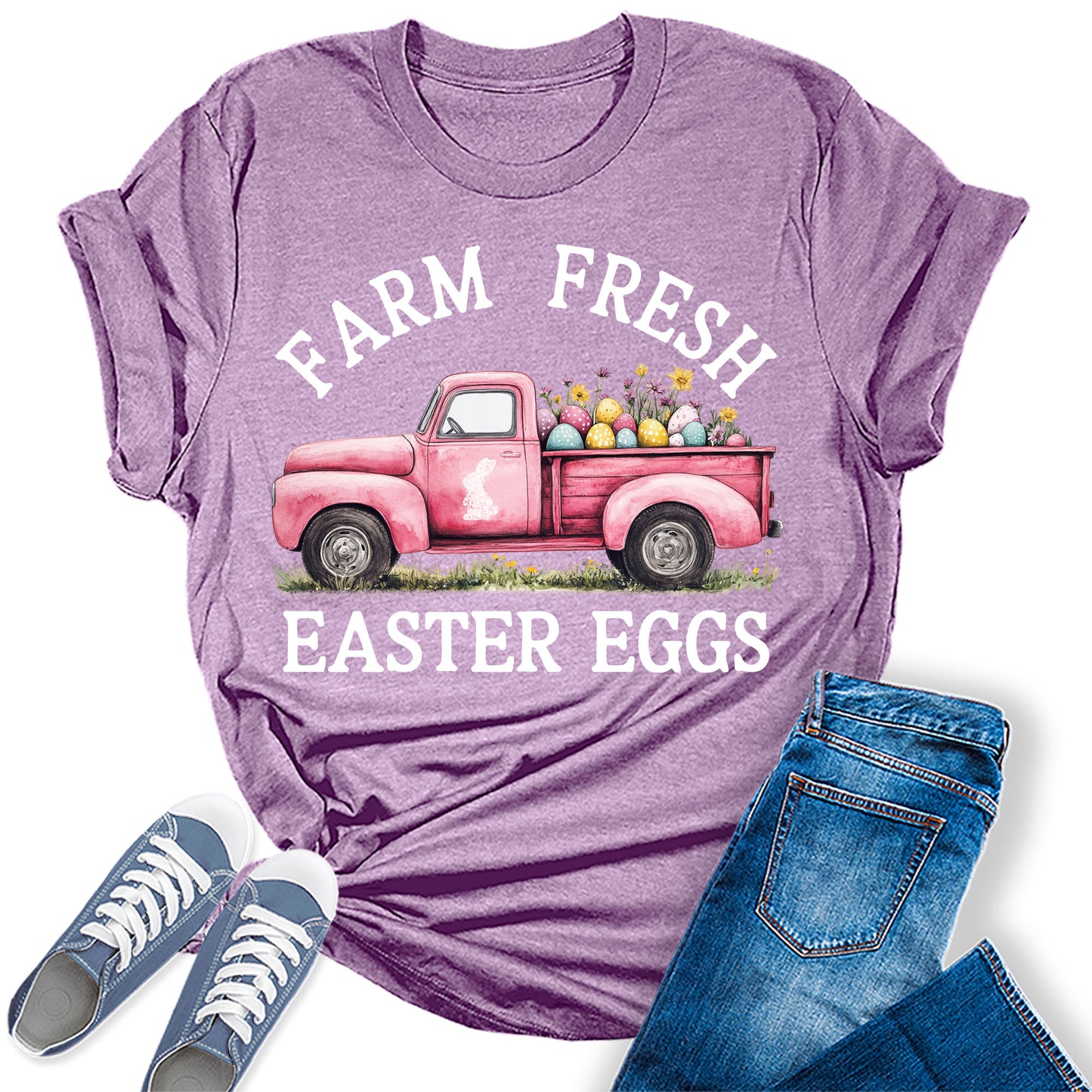 Women's Easter Shirts Farm Fresh Easter Eggs Truck Trendy Casual Graphic Tees Bella Plus Sized Tops