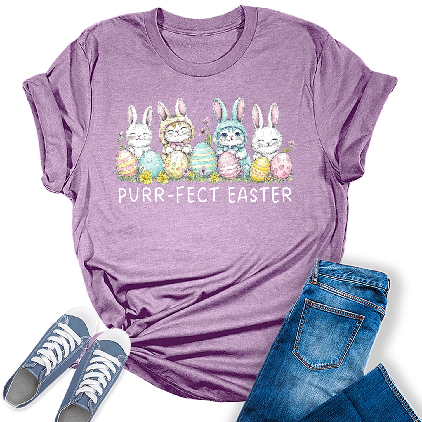 Purr-fect Easter Shirt for Women Cute Cat Bunny Spring Holiday Bella Plus Size Graphic Tee