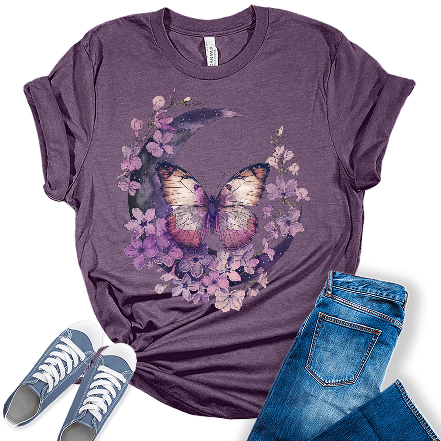Butterfly Shirt Vintage Cottagecore Wildflowers T Shirt Trendy Moon Graphic Tees for Women