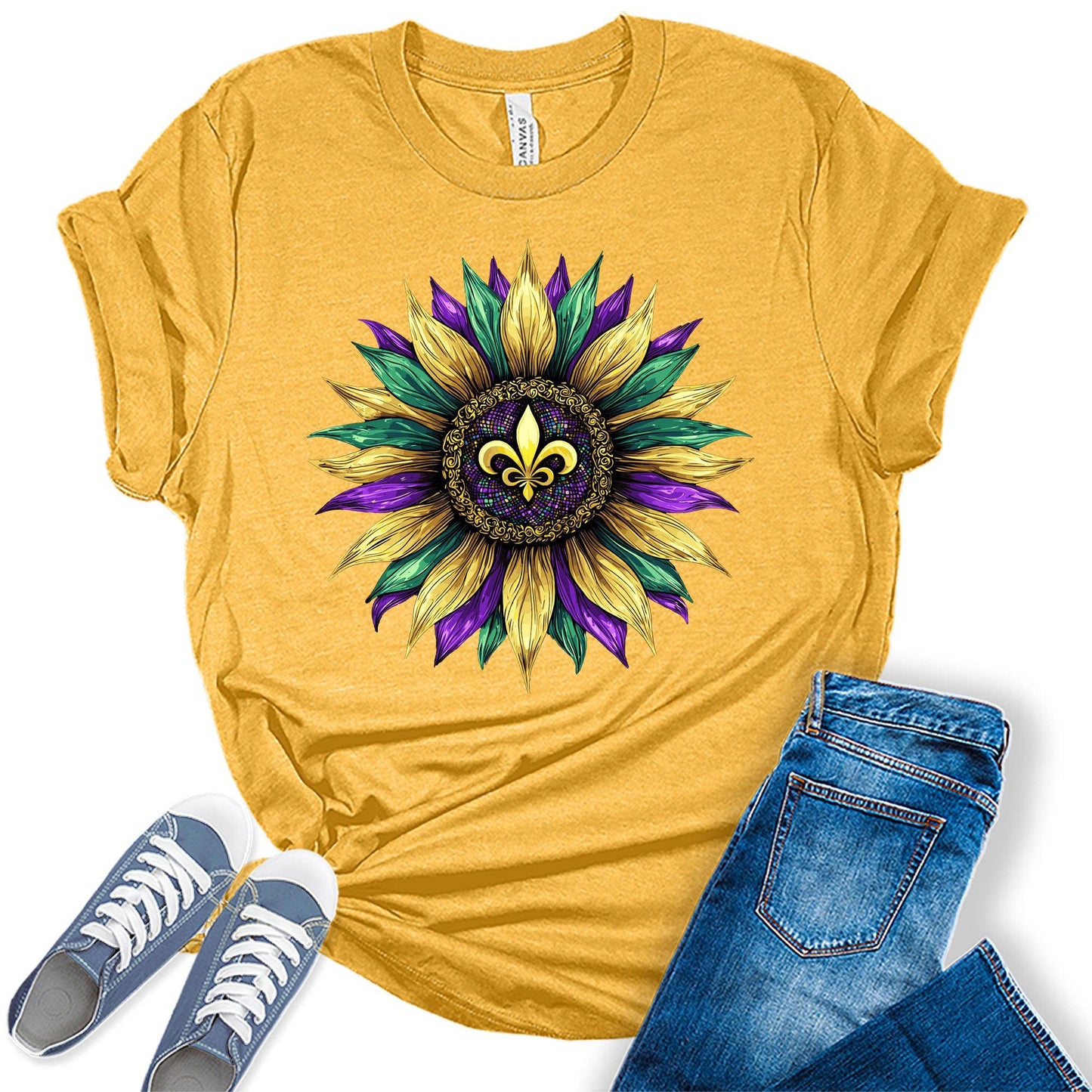 Women's Mardi Gras Shirt Cute Fleur De Lis Sunflower Graphic Tees