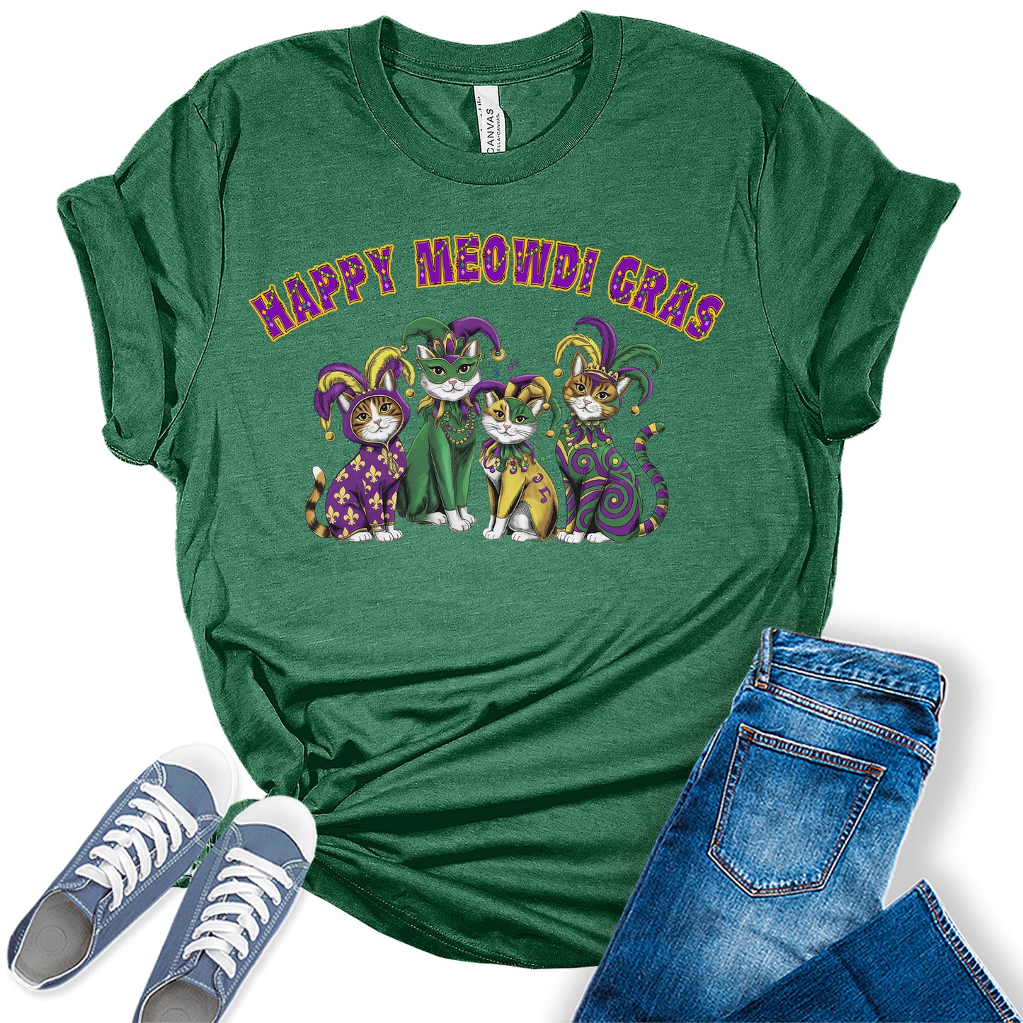 Women's Mardi Gras Shirt Happy Meowdi Gras Cute Cat Graphic Tees