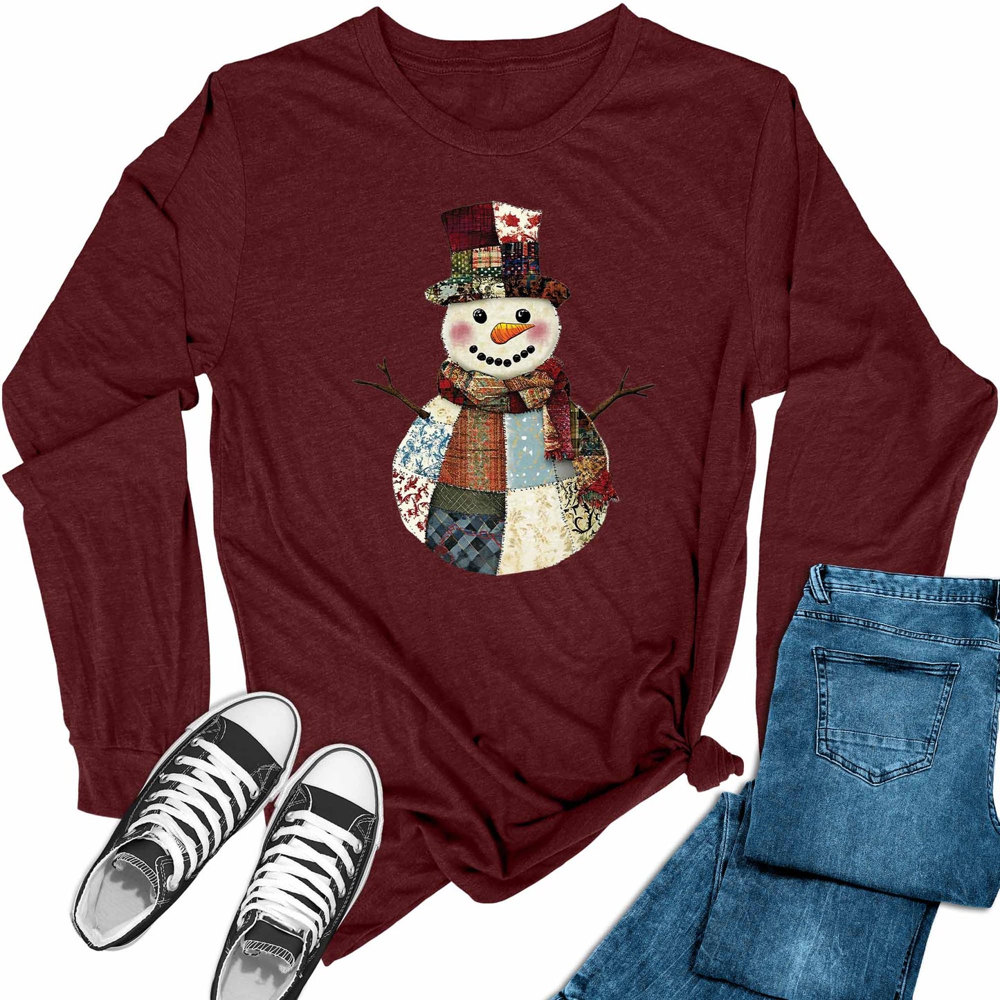 Women's Patch Snowman Christmas Holiday Long Sleeve Graphic Tees