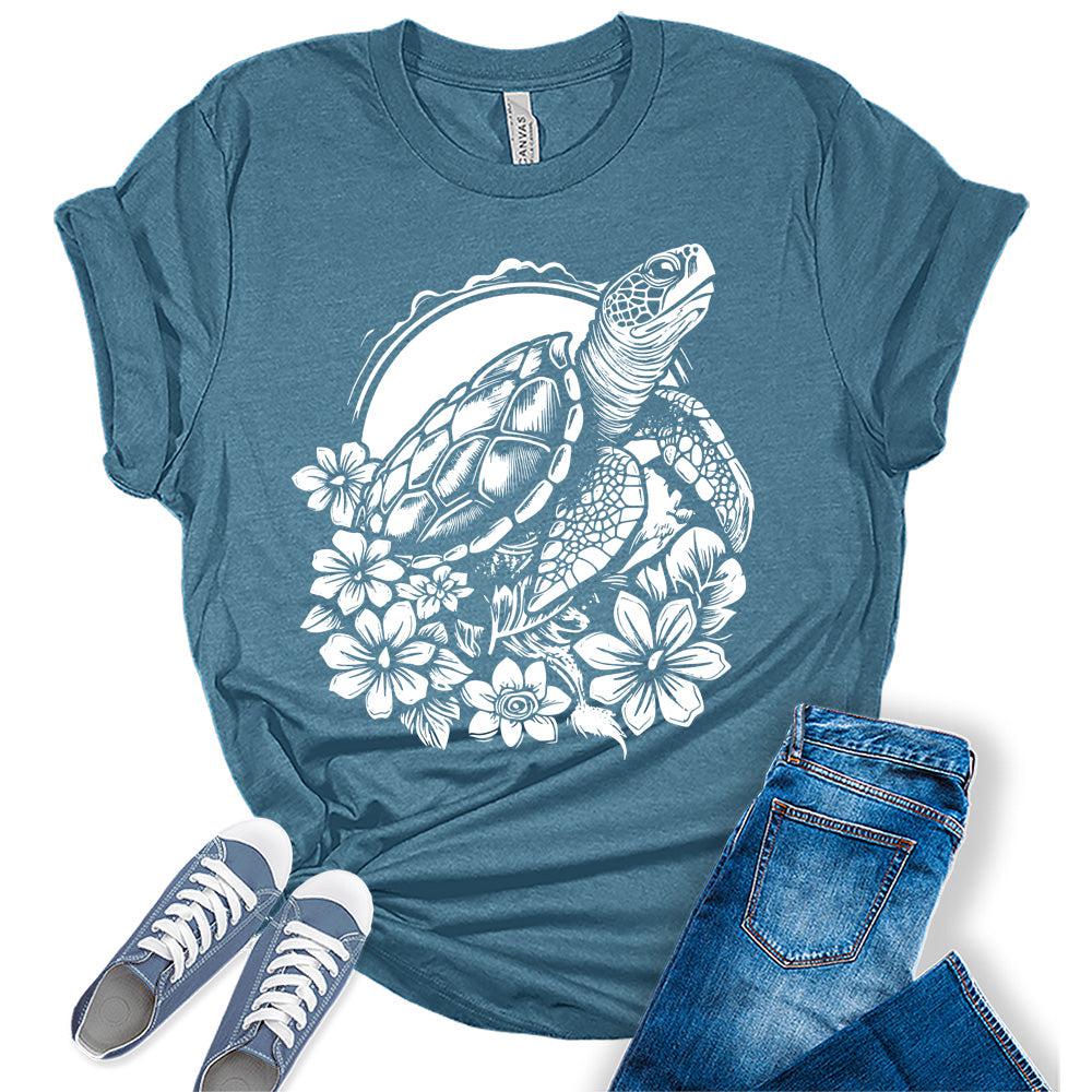 Womens Beach Shirts Cute Sea Turtle Tshirts Casual Short Sleeve Tropical Summer Tops Vacation Graphic Tees for Women