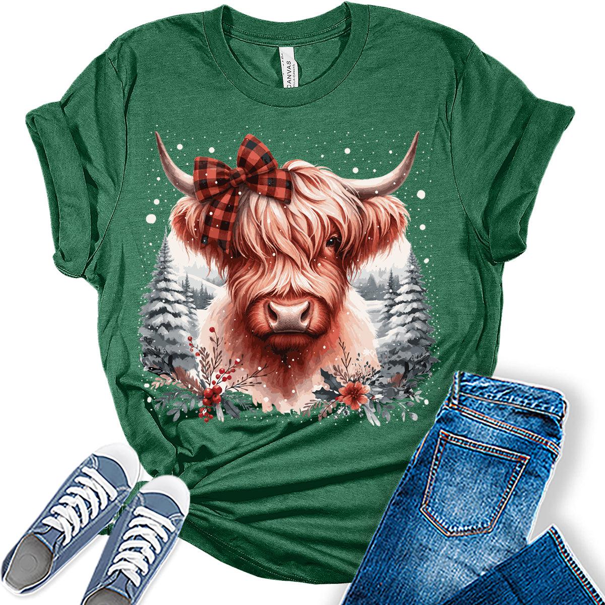 Highland Cow Shirt Buffalo Plaid Tshirt Womens Winter Christmas Graphic Tees