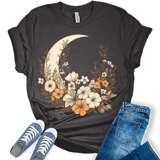 Cottagecore Shirt Boho Floral Moon Womens Graphic Tees Vintage Tops for Teens