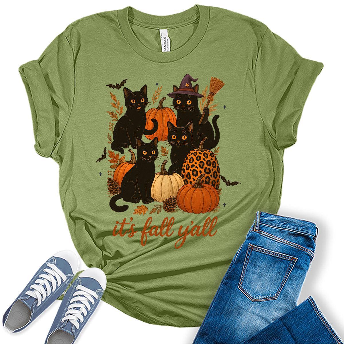 It's Fall Y'all T-Shirt Vintage Cat Shirt for Women Pumpkin Boho Tops Halloween Graphic Tee