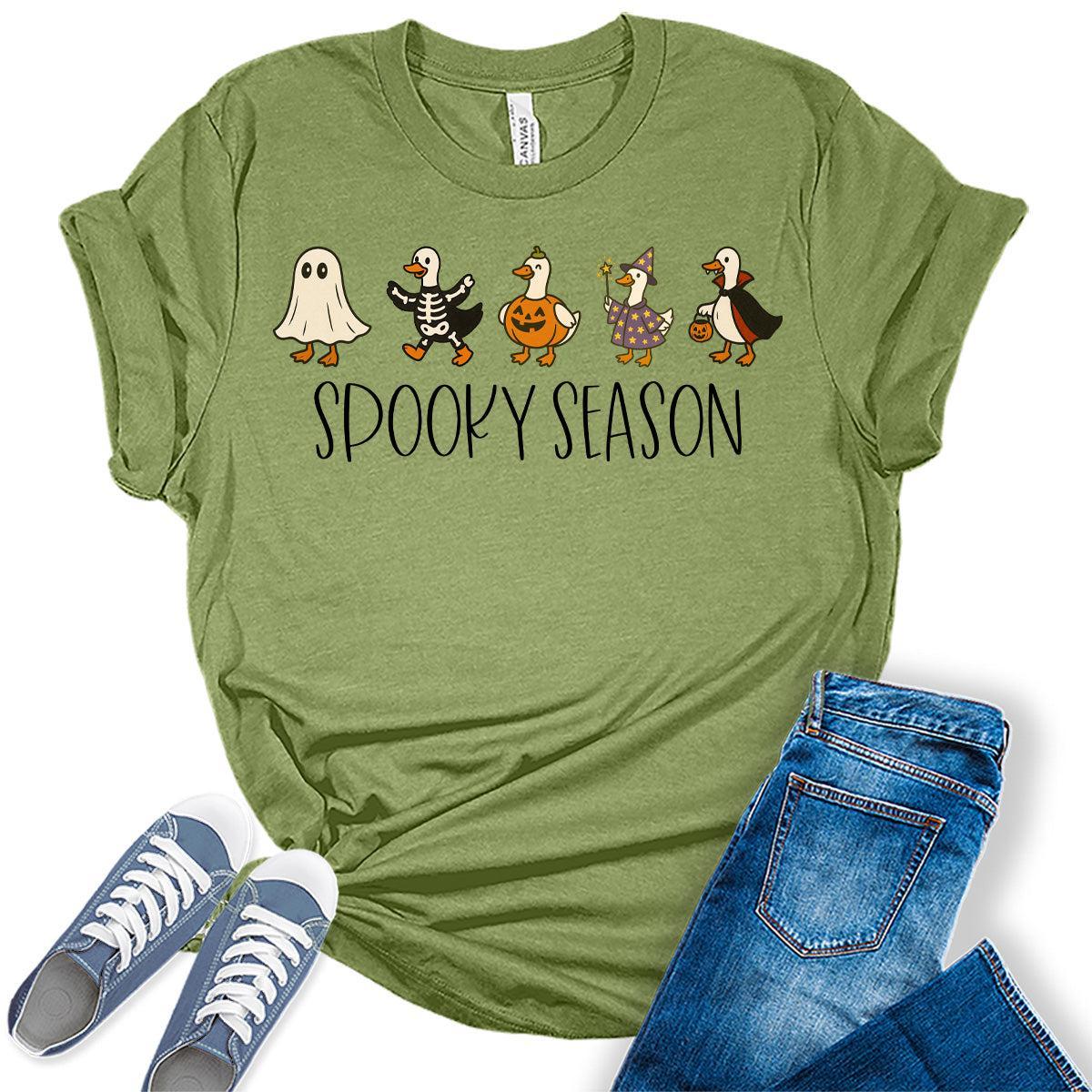 Vintage Spooky Season T Shirt Funny Goose Graphic Tee Casual Halloween Fall Shirt