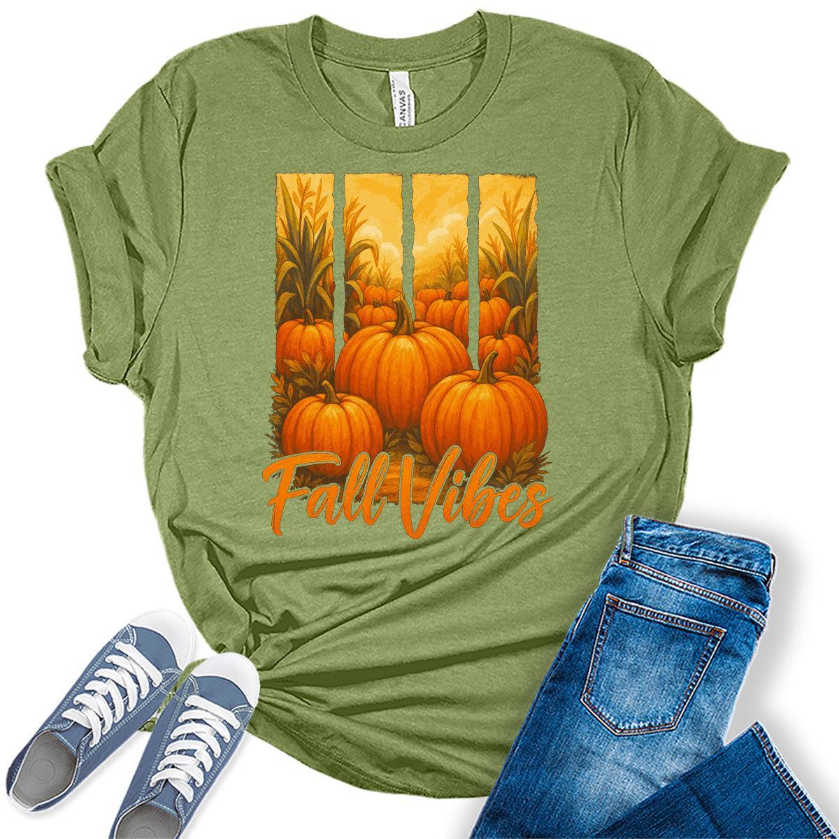 Fall Vibes Pumpkin Graphic T-Shirt for Women Vintage Thanksgiving Tees Casual Fall Shirt