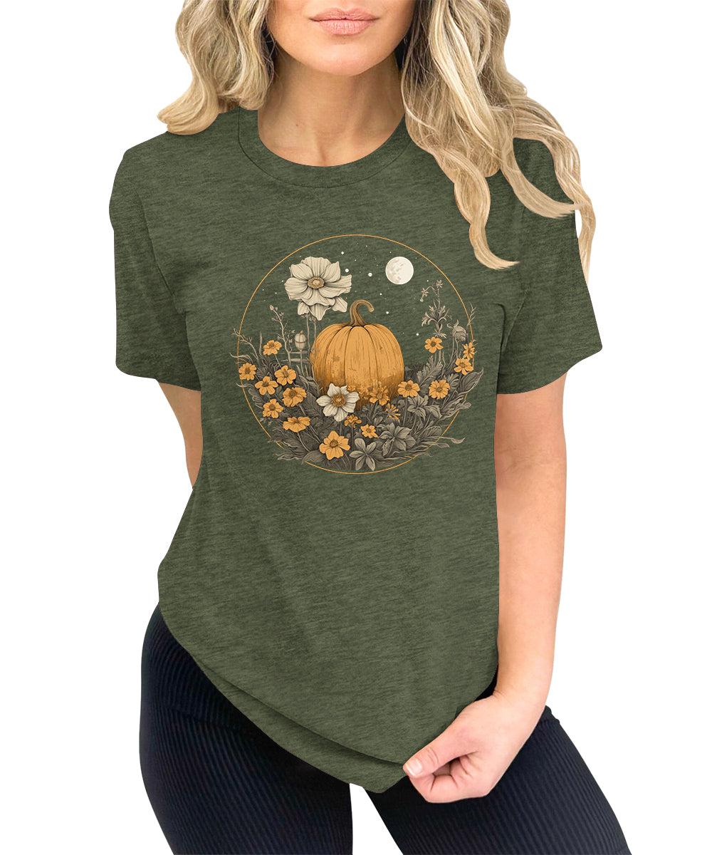 Pumpkin Cottagecore T-Shirt Womens Graphic Tees Vintage Flower Fall Shirts Girls Vintage Halloween Thanksgiving Tops