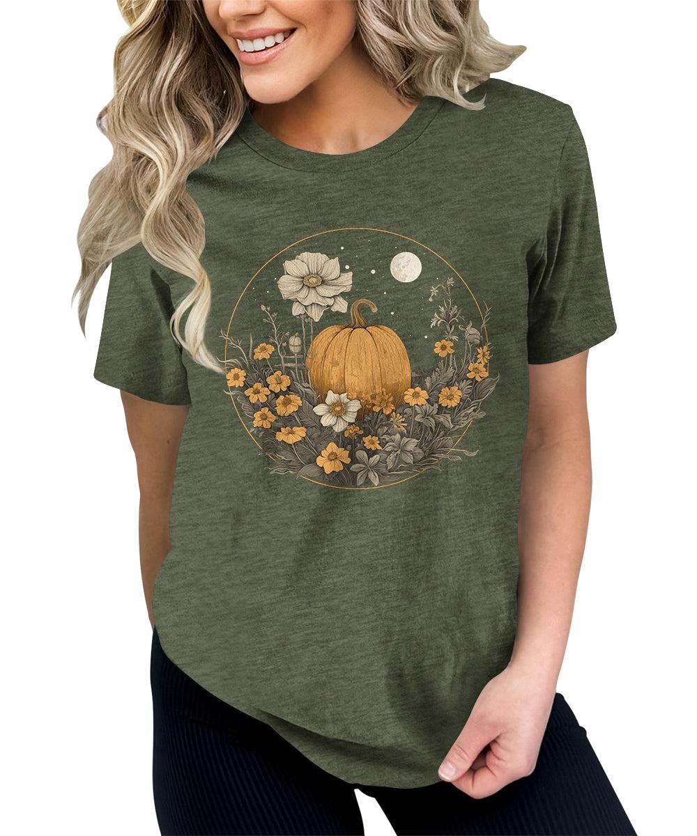 Pumpkin Cottagecore T-Shirt Womens Graphic Tees Vintage Flower Fall Shirts Girls Vintage Halloween Thanksgiving Tops