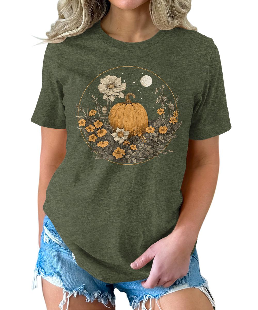 Pumpkin Cottagecore T-Shirt Womens Graphic Tees Vintage Flower Fall Shirts Girls Vintage Halloween Thanksgiving Tops