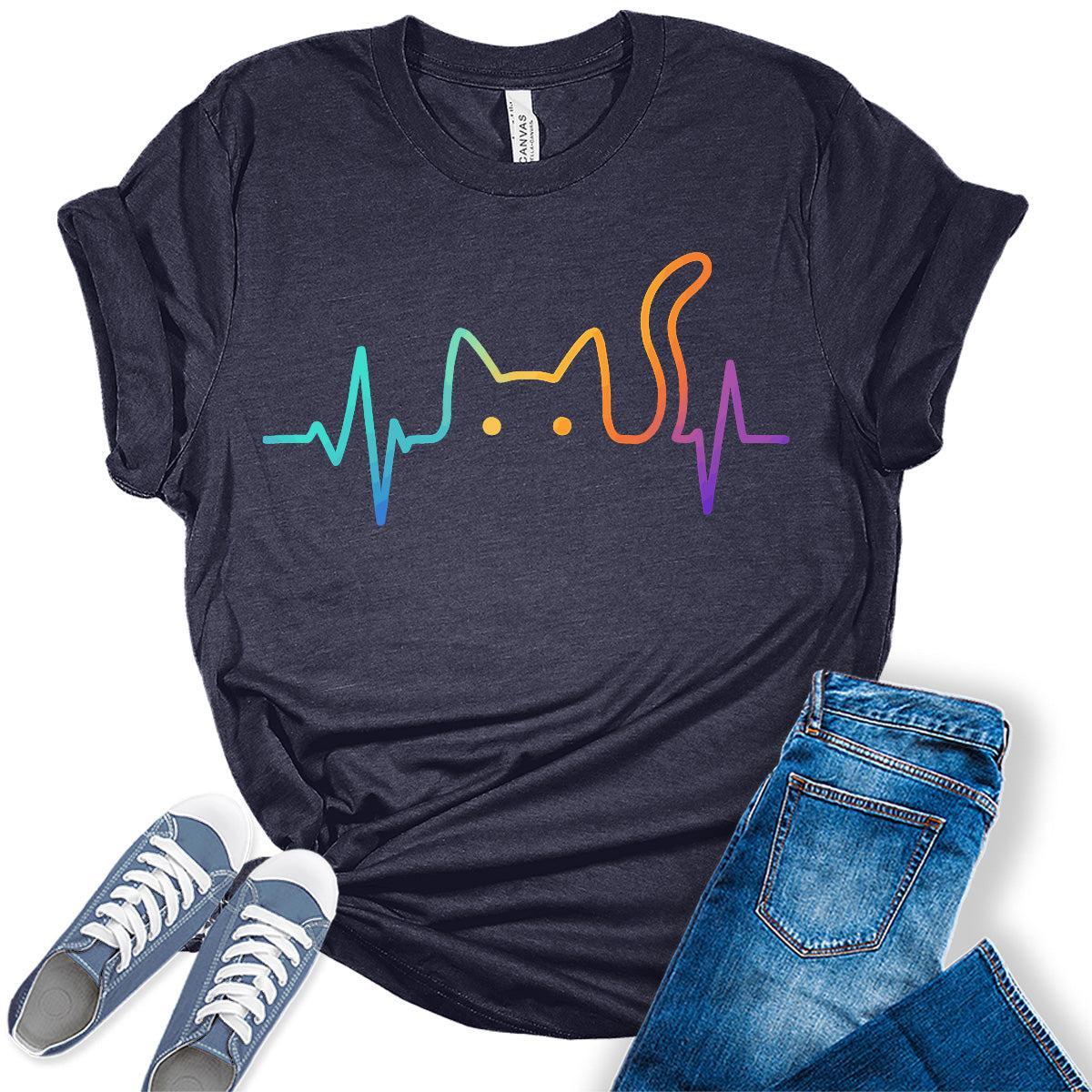 Heartbeat Cat Lover Animal Silhouette Cute Cat T-Shirt Funny Novelty Bella Plus Sized Tops