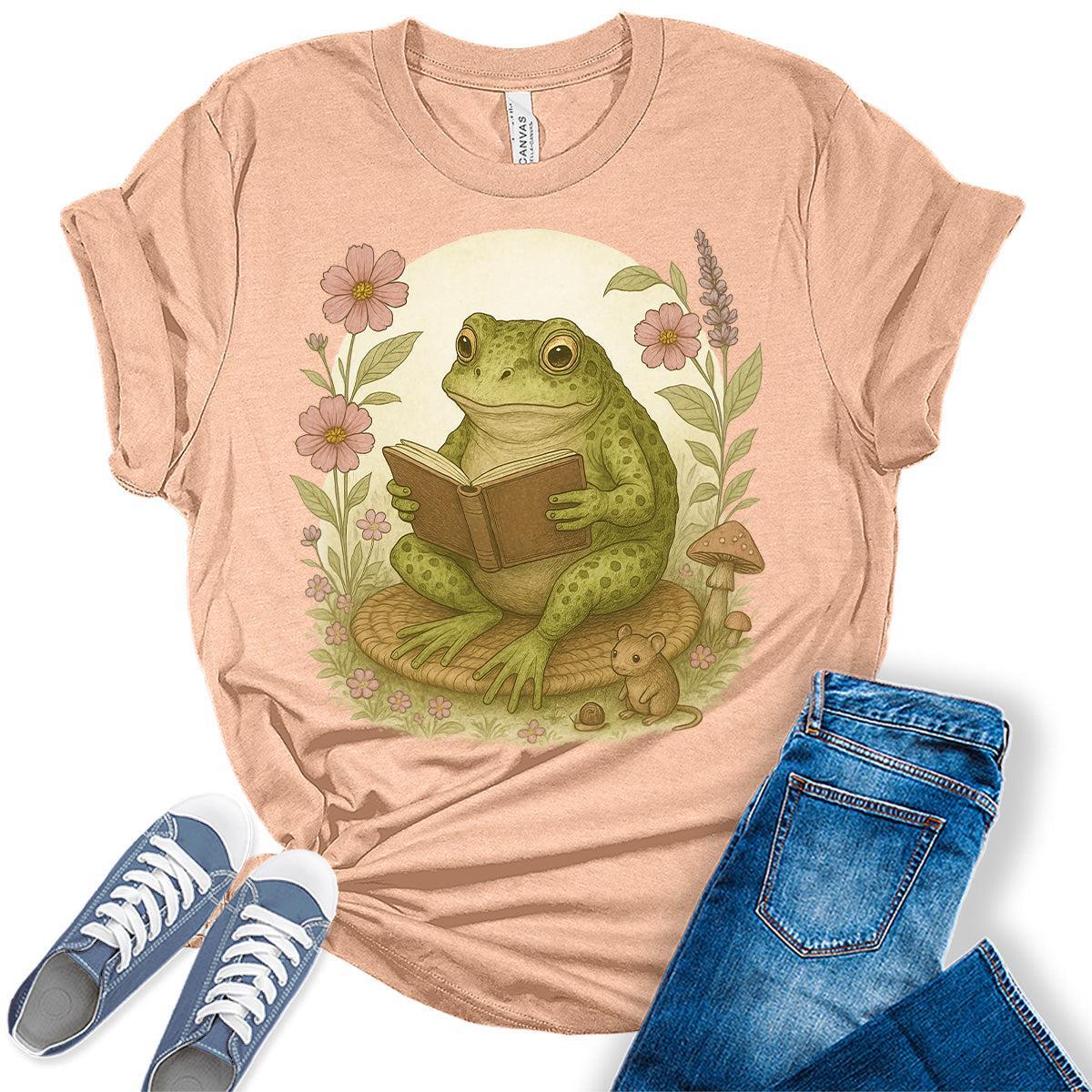 Teacher Shirt for Women Cottagecore Frog Reading Tees