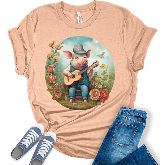 Cute Little Piggy Playing Guitar Womens Cottagecore Shirts Cute Graphic Tee