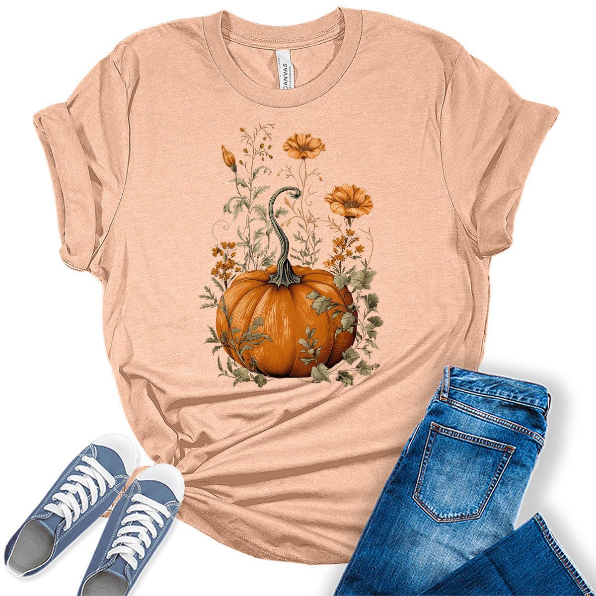 Pumpkin Floral Shirts Women's Graphic Tees Vintage Boho T Shirts Bella Fall Tops
