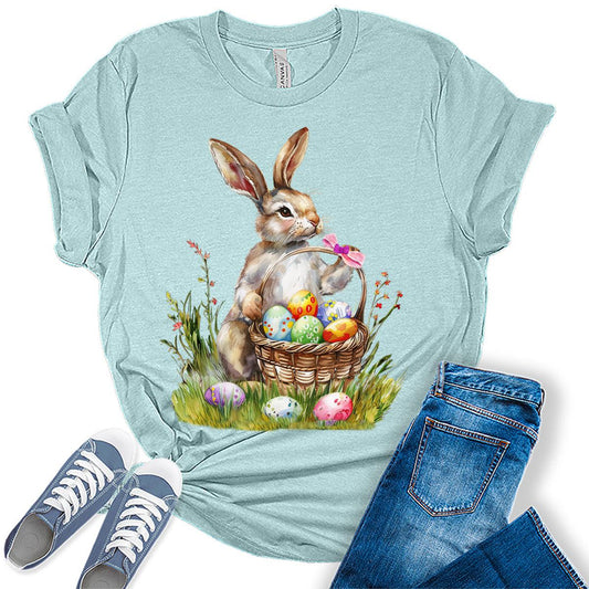 Bunny with Easter Egg Basket Cute Easter Shirts for Women